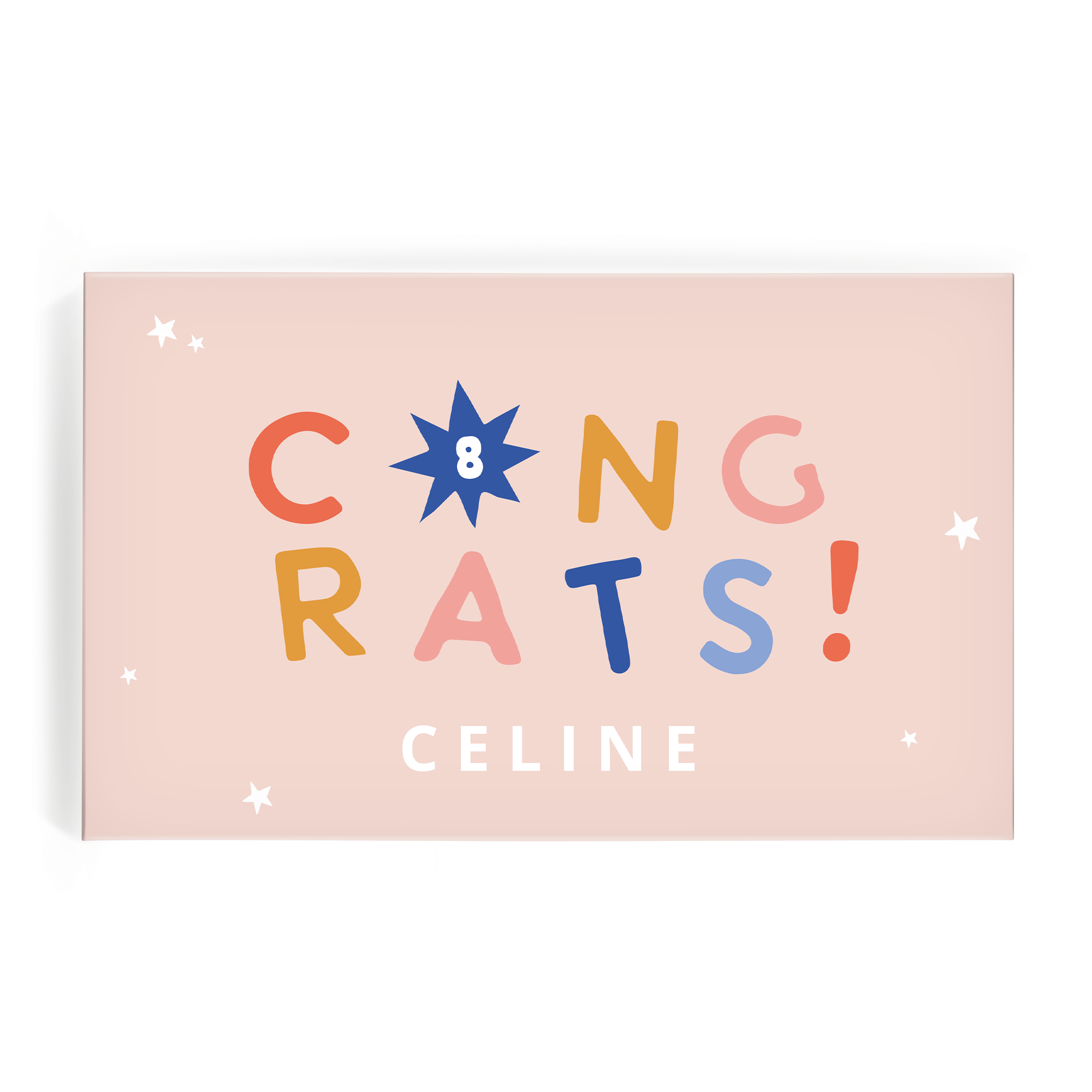Personlig Mars gaveeske med trykt “CONGRATS!” tekst og navnet Celine.