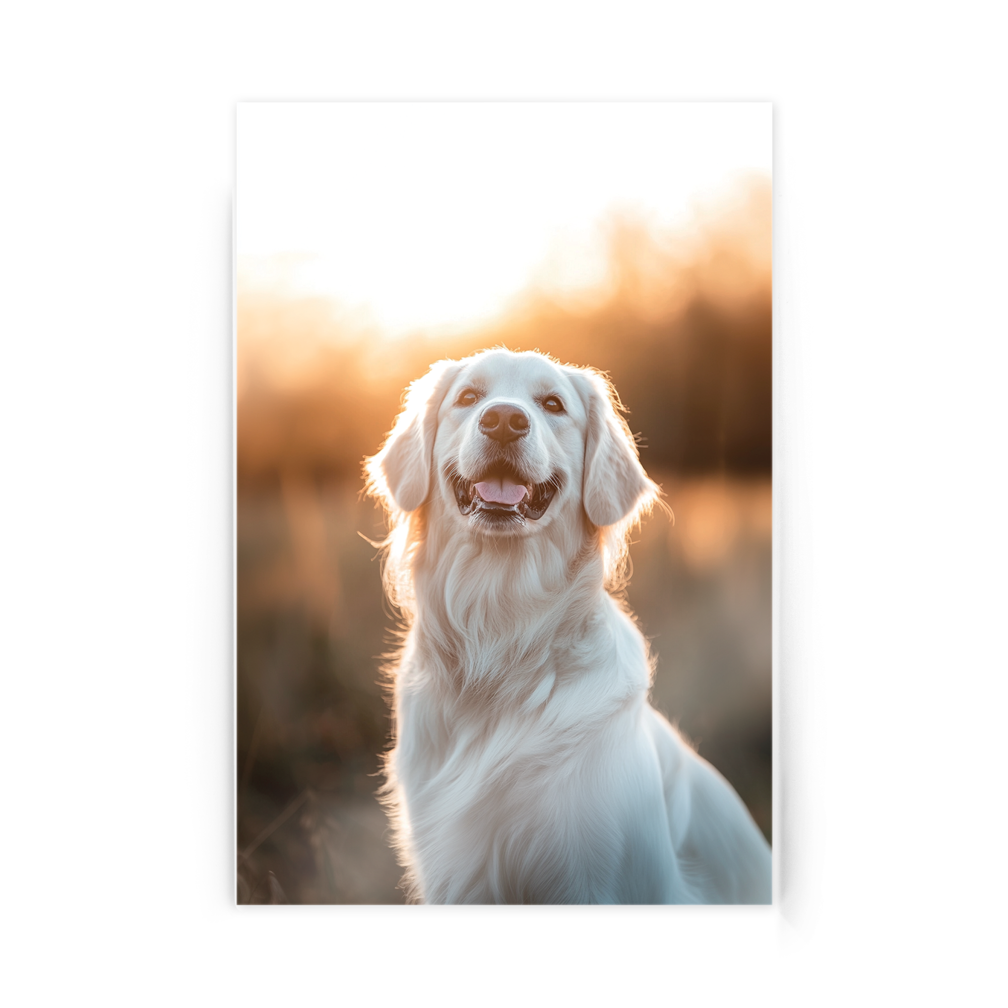 Foto em acrílico impressa com a imagem de um Golden Retriever, em um campo, durante o pôr do sol. Imortalize seu momento.