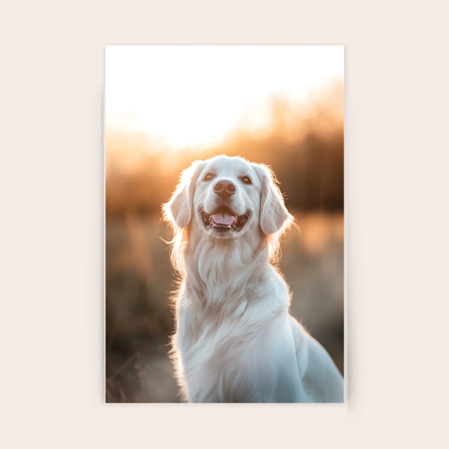 Photo on Acrylic Custom photo on acrylic printed with a white golden retriever bathed in golden sunlight to immortalize your most memorable moment