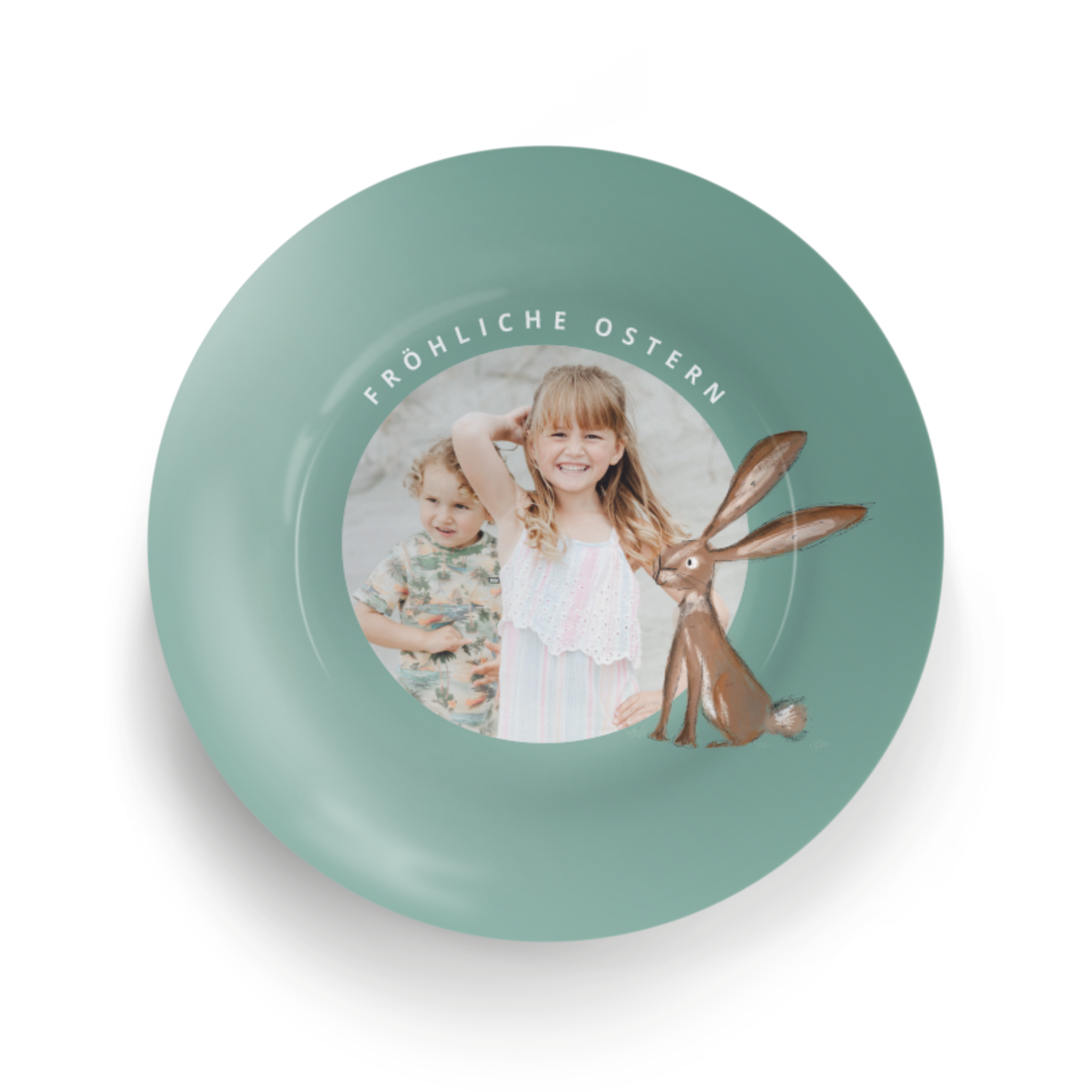 Personalisierter Osterteller in Minzgrün, bedruckt mit Kinderfoto, Osterhase und der Aufschrift "Fröhliche Ostern".