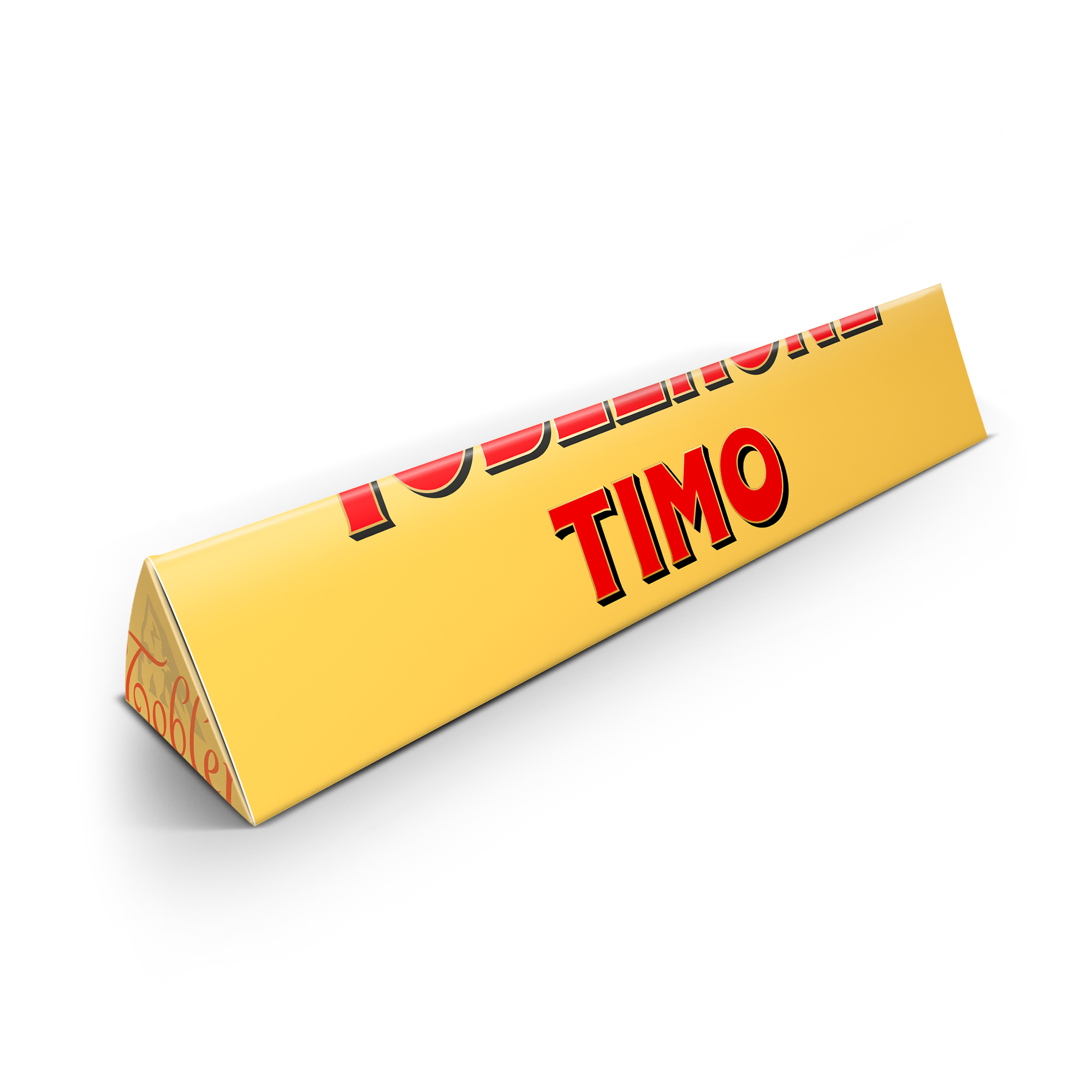 Gepersonaliseerde Toblerone chocoladereep met de naam TIMO op de wikkel gedrukt, een persoonlijke Toblerone chocoladereep.