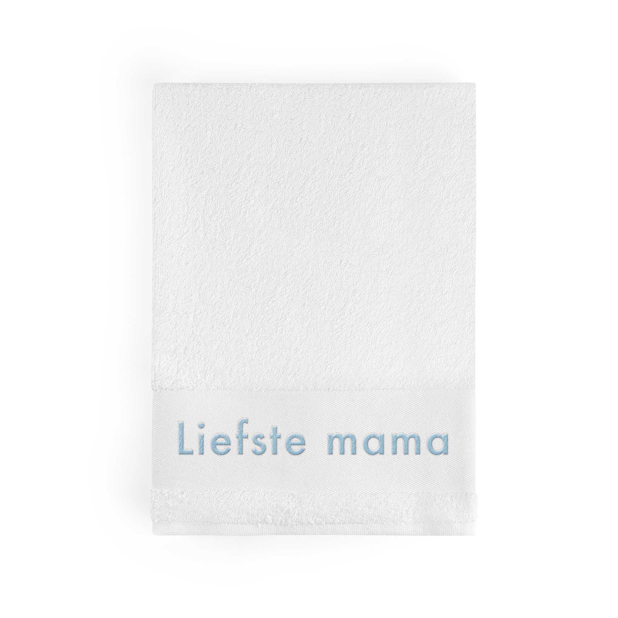 Witte handdoek met naam "Liefste mama" blauw geborduurd, gepersonaliseerd cadeautje