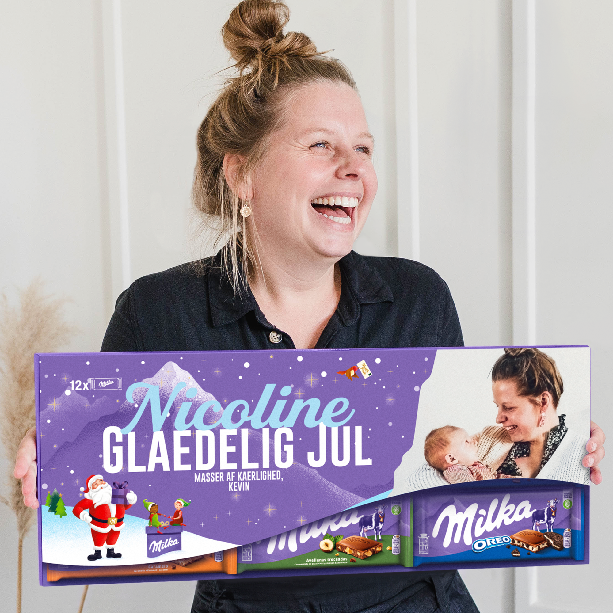 Personlig Mega Milka Chokolade med eget design - 12 plader med navn, foto og julemotiv.
