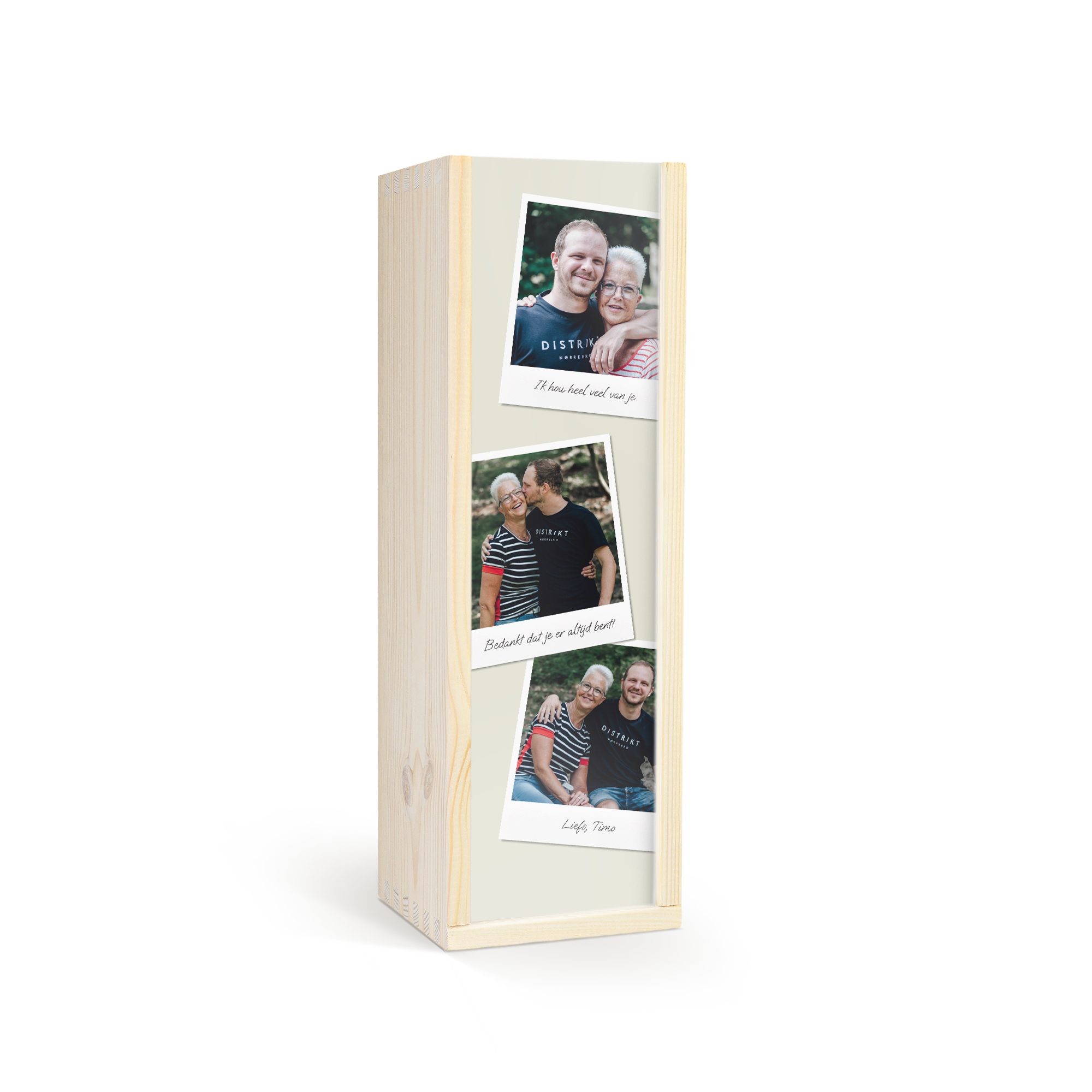 Een luxe houten kist met persoonlijke bedrukking met drie foto's en de teksten Ik hou heel veel van je en Bedankt dat je er altijd bent