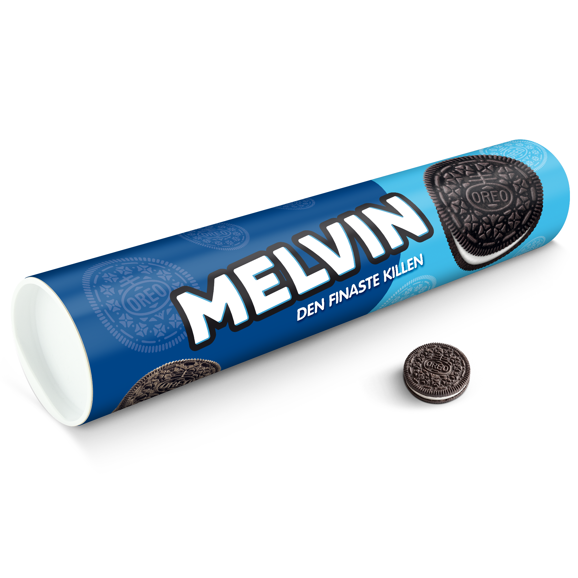 Blått Mega Oreo presentrör med tryckt namn Melvin och texten Den finaste killen. Överraska kakkännarna med en personlig present.