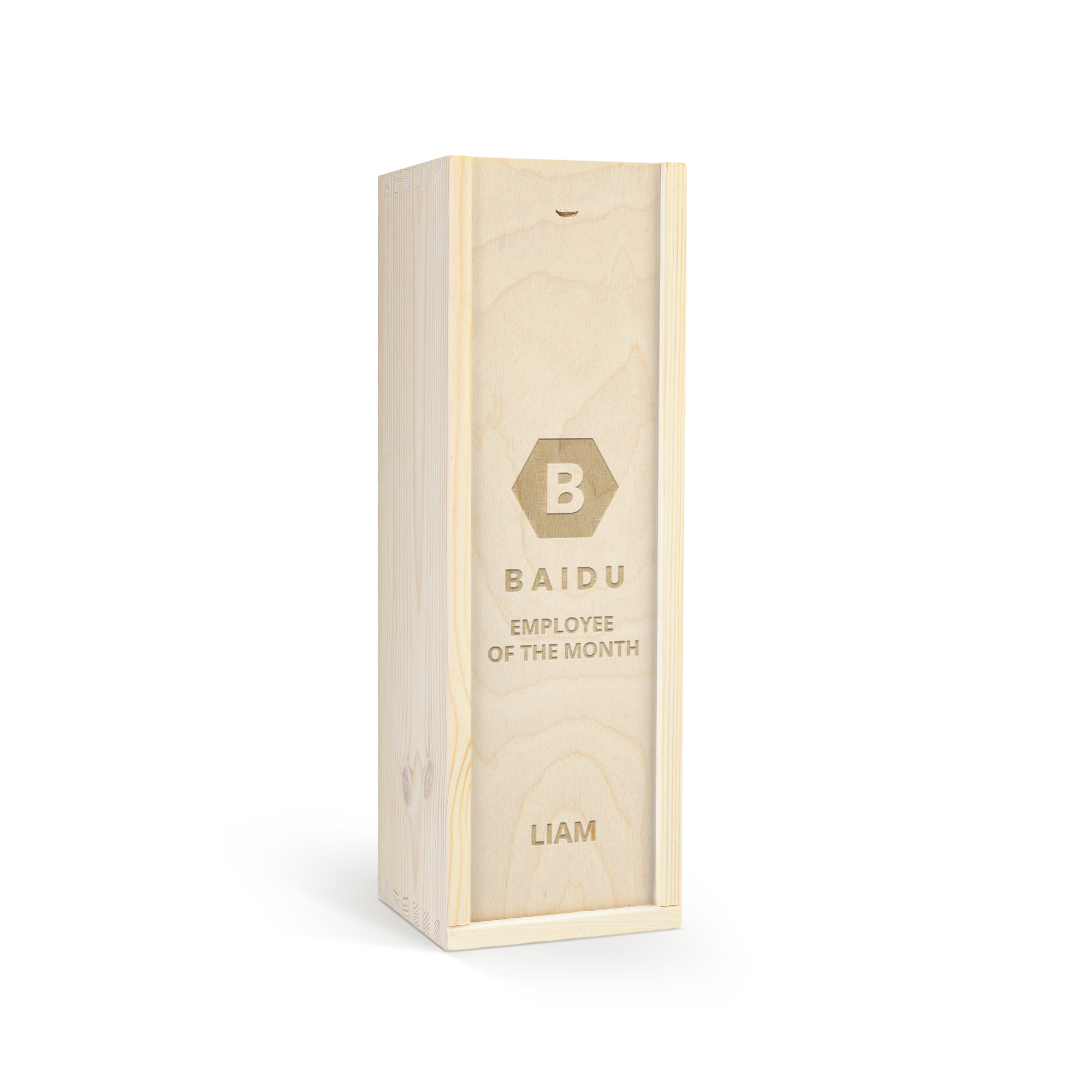 The Famous Grouse whisky bottle in an engraved wooden case with a personalized "Baidu Employee of the Month Liam" design