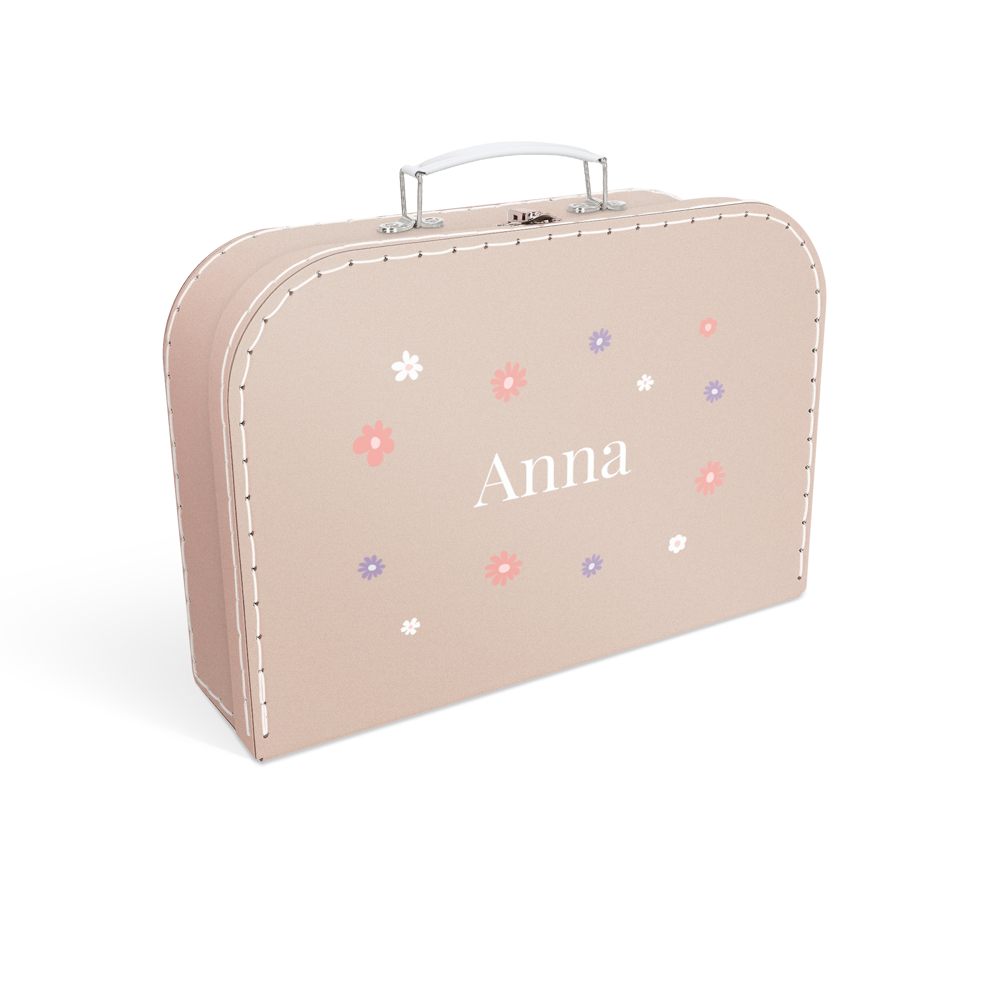 Personlig leksaksväska - Vit - Stor med namnet Anna och färgglada blommor tryckt på ljust beige bakgrund, vit handtag.