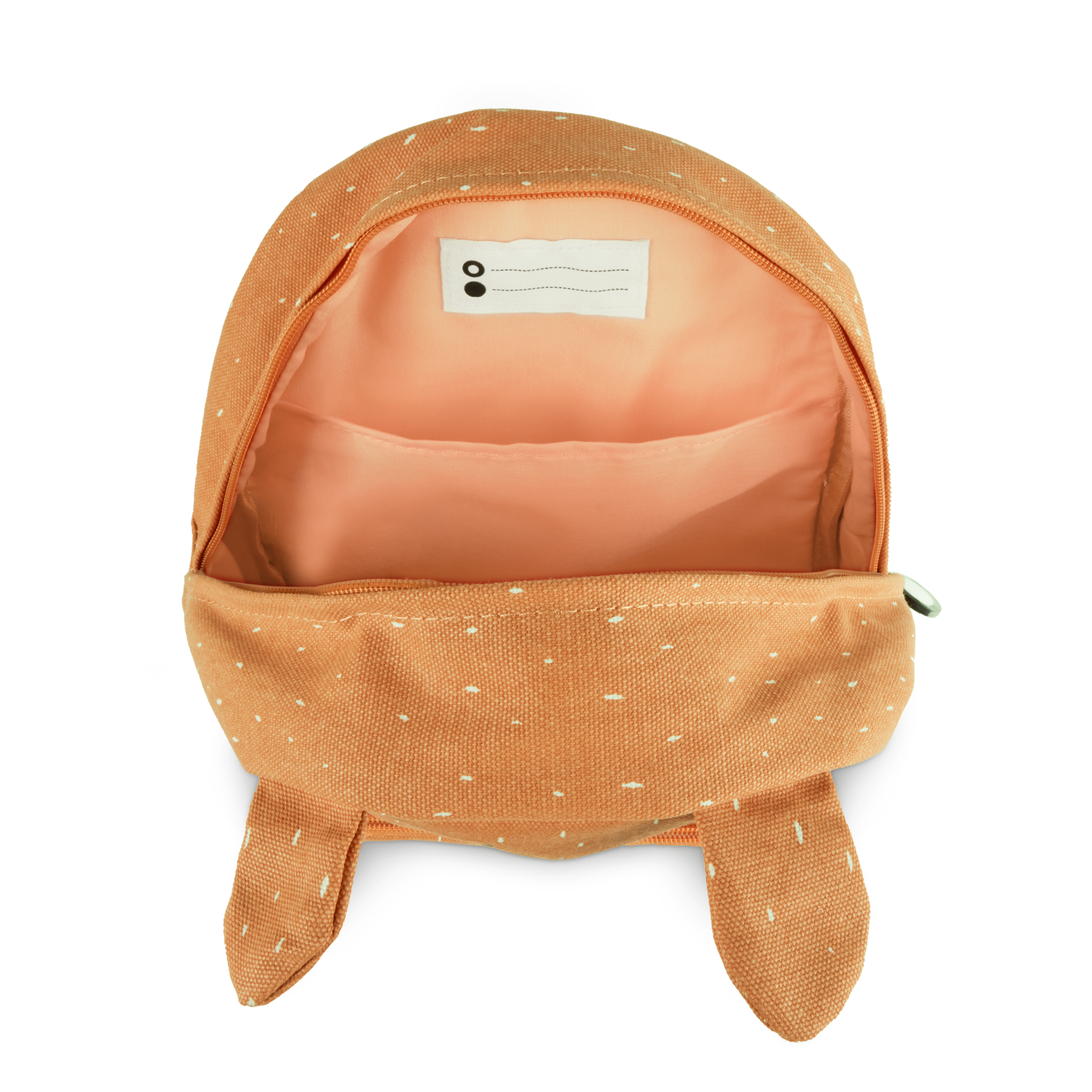 Offener orangefarbener Kindergartenrucksack mit Namen, bedruckt mit weißen Punkten, Innentaschen und Namensetikett