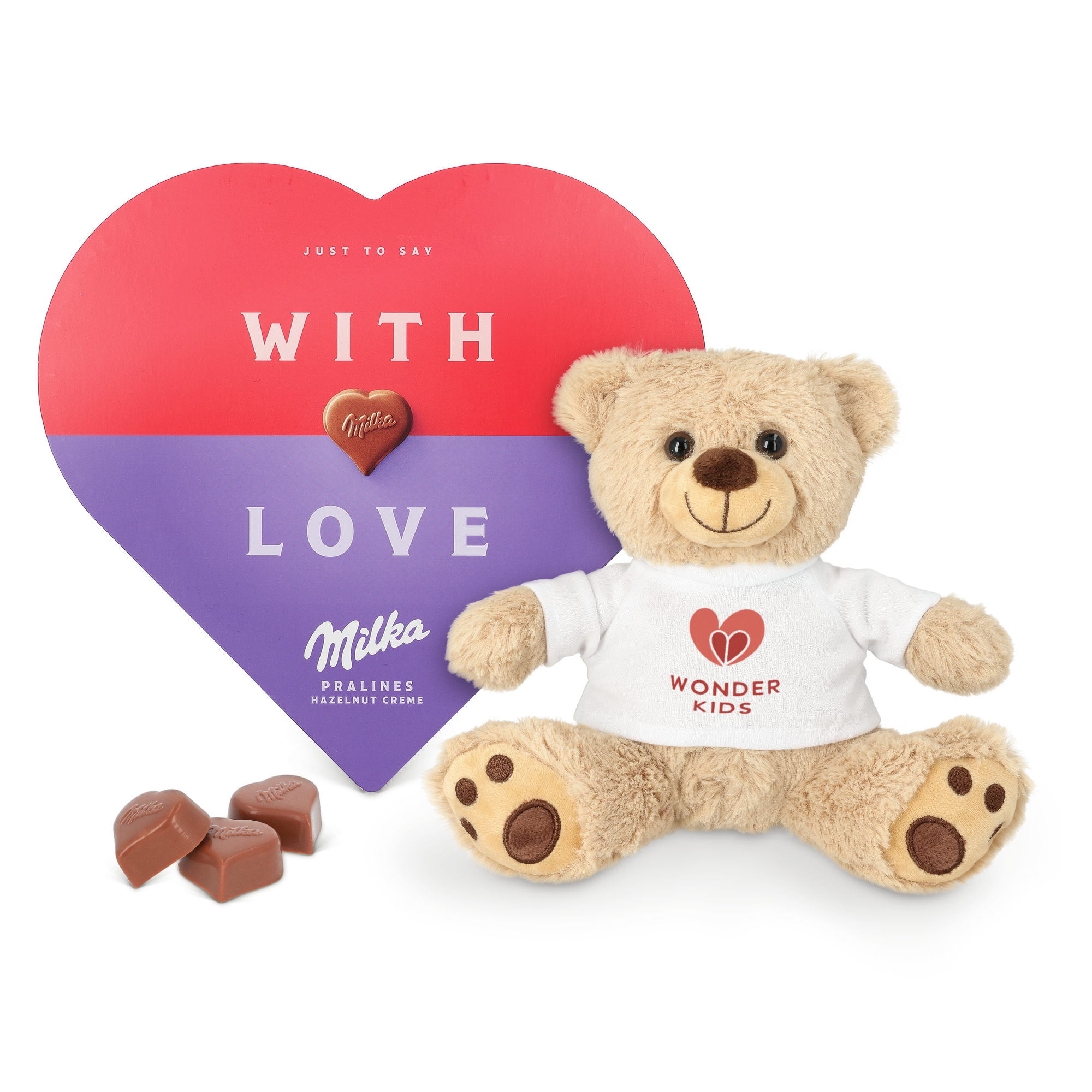 Personalizowany miś z sercem Milka, wydrukowany z napisem Wonder Kids na koszulce, obok bombonierki w kształcie serca