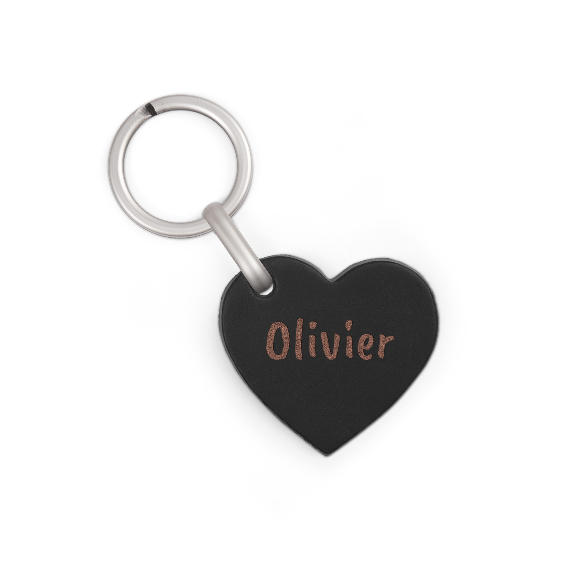Portachiavi personalizzato in pelle a forma di cuore nero con nome Olivier inciso