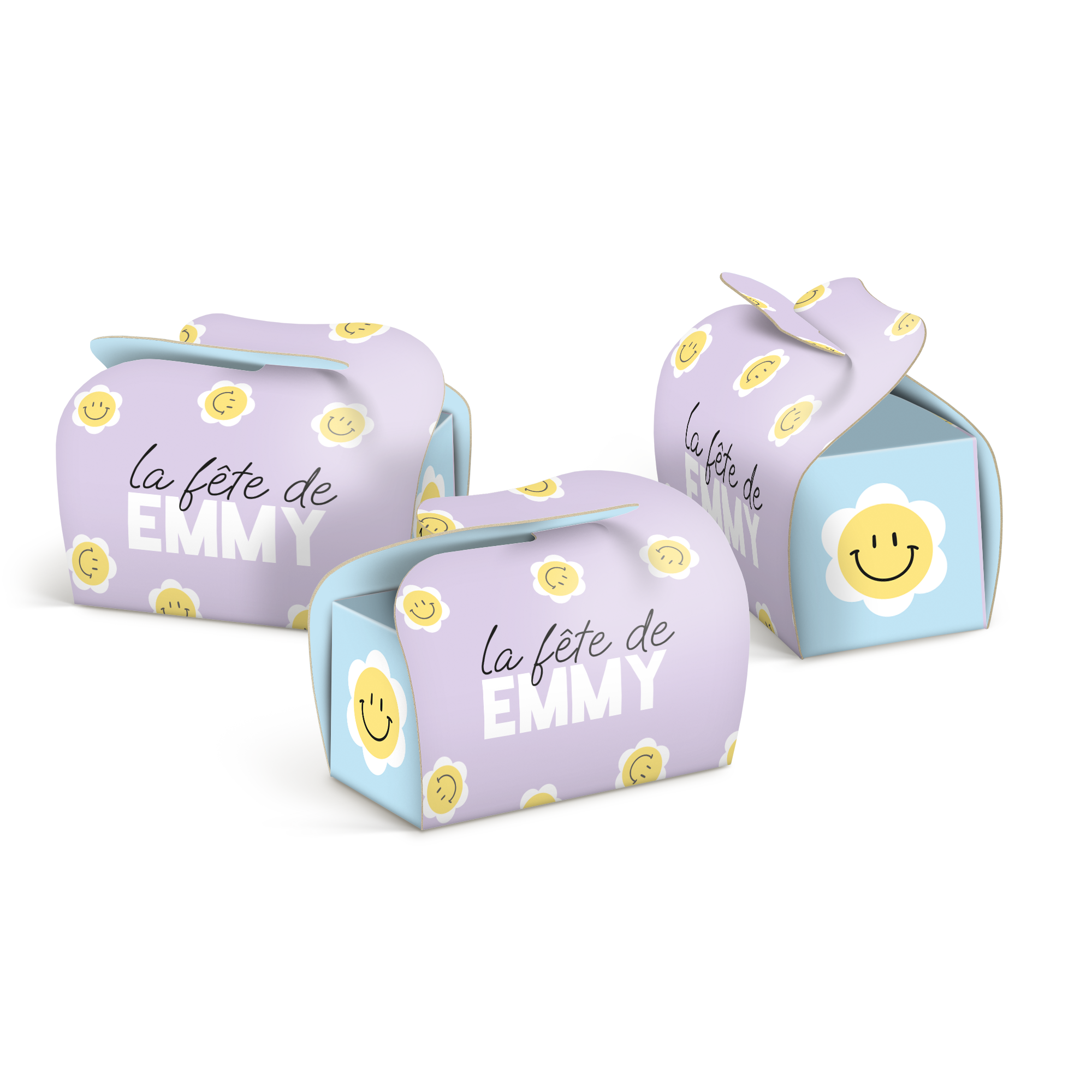 Trois boîtes personnalisées pour mini Toblerone, motif visage souriant avec texte imprimé La fête de EMMY