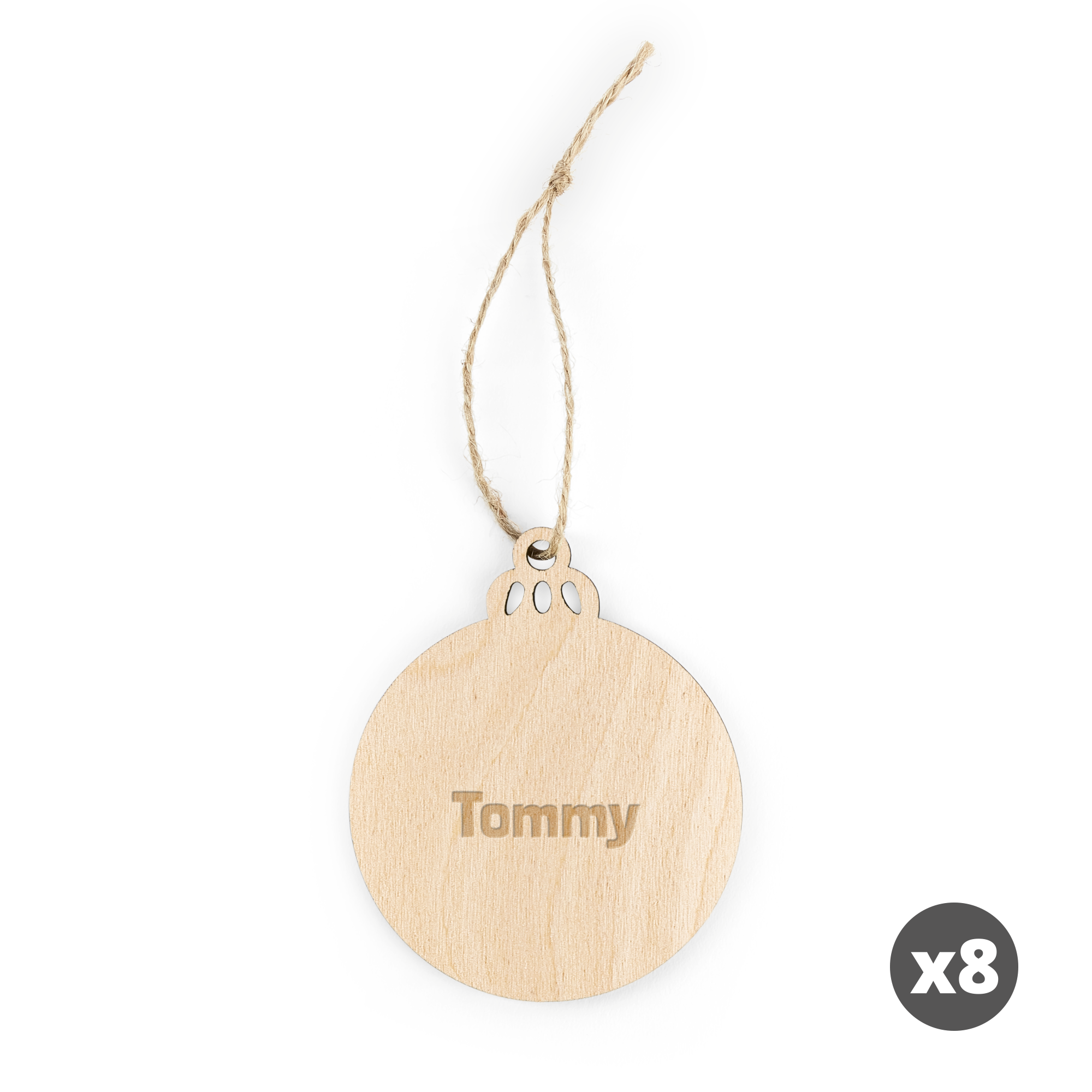 Drewniana bombka choinkowa grawerowana imieniem Tommy ze sznurkiem do zawieszenia, zestaw 8 sztuk