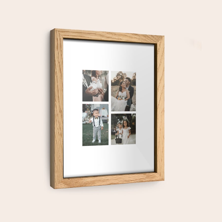 Personalised photo print with frame Personalized photo print with a light wooden frame, printed with four custom photo moments to hang on your wall.