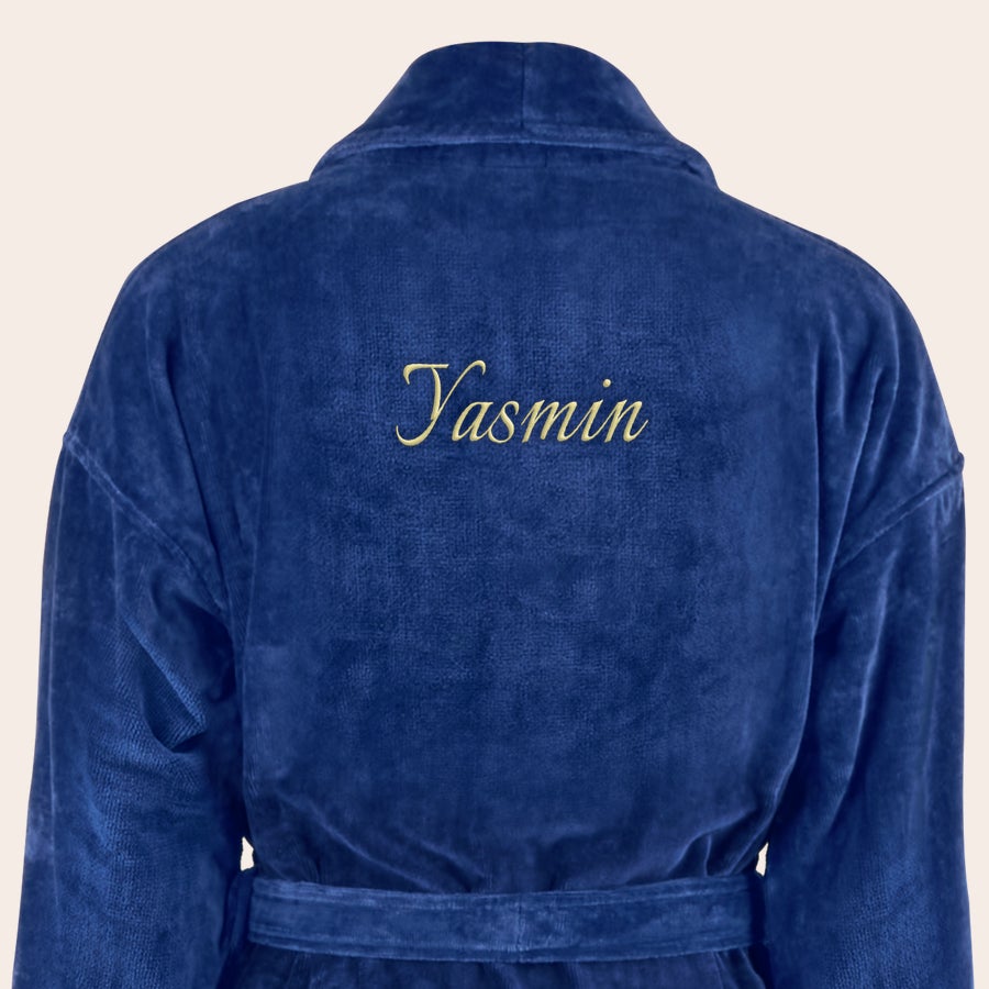 Bademantel Damen mit Namen Dunkelblauer Frottier Bademantel mit goldgesticktem Namen "Yasmin" auf dem Rücken, Ihr eigener Bademantel mit Namen bestickt!