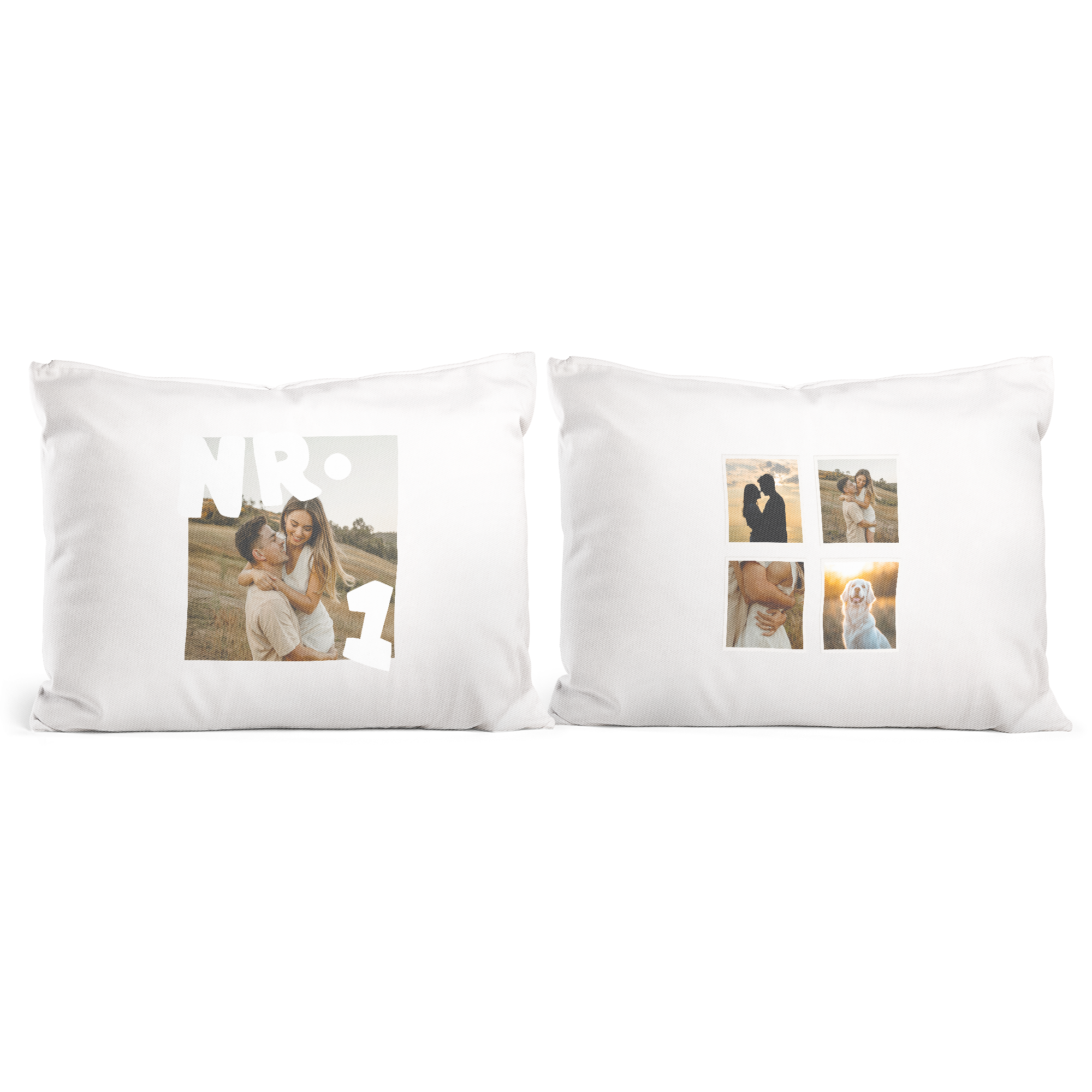 Een persoonlijke liefdesset kussenslopen. Witte kussensloop links is bedrukt met een foto van een stel en de tekst "NR 1". Witte kussensloop rechts is bedrukt met een fotocollage van vier afbeeldingen, waaronder een stel en een hond.