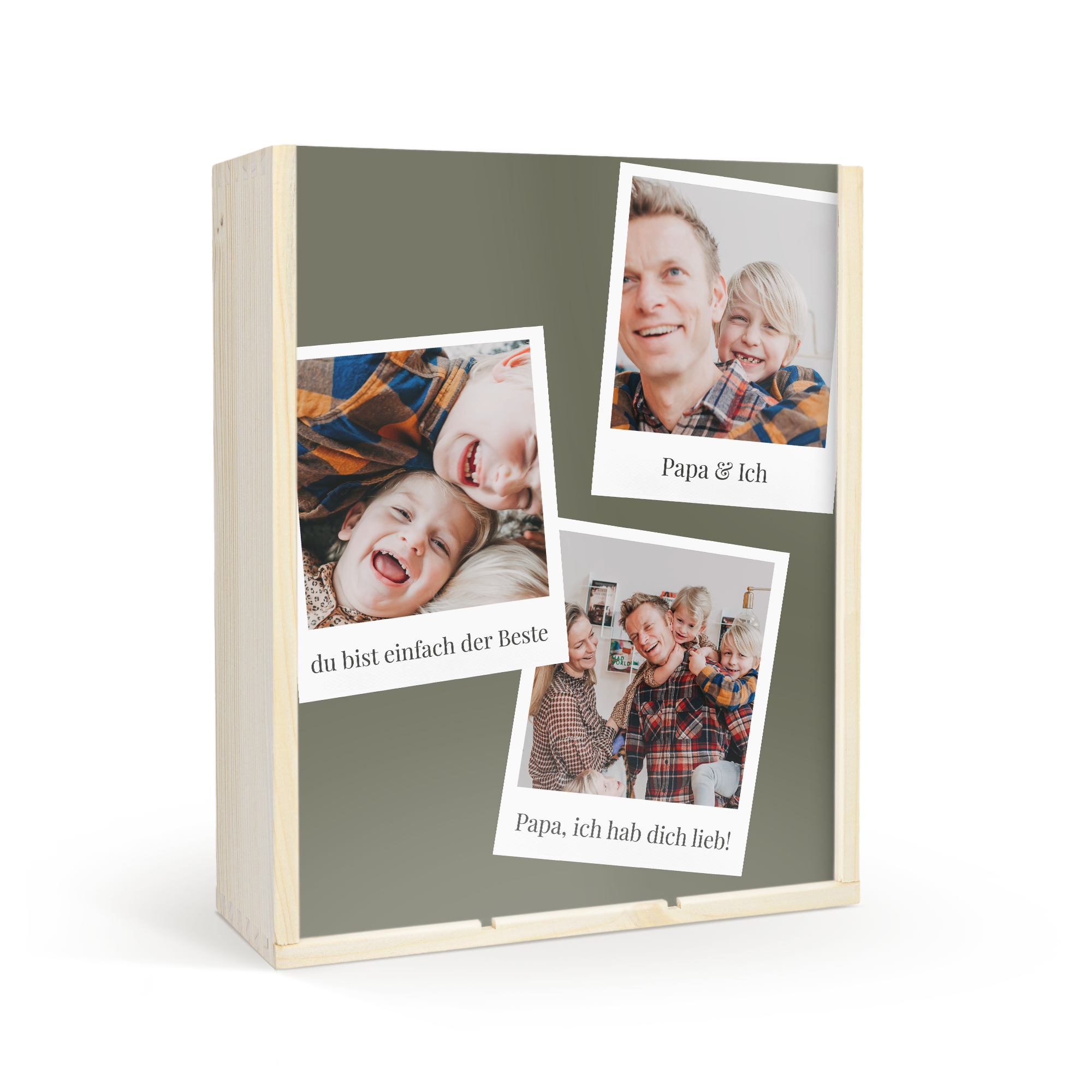Weinkiste für 3 Flaschen, bedruckt mit drei Fotos und Texten wie "Papa & Ich" und "Papa, ich hab dich lieb!".