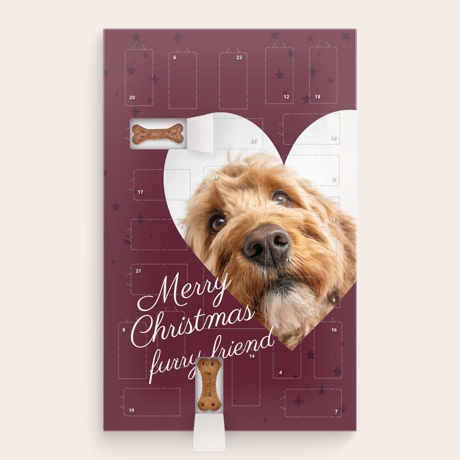 Calendario de adviento personalizado para perros - Pedigree Calendario de Adviento personalizado para perros, impreso con una foto de un cachorro y el mensaje "Merry Christmas furry friend".