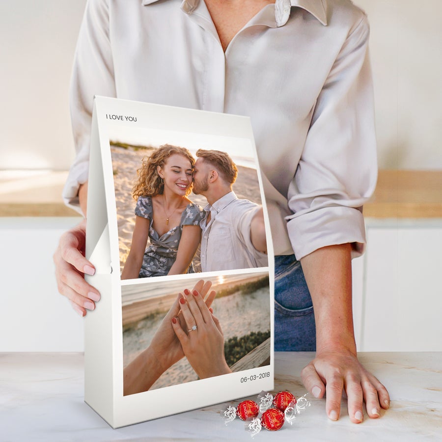 Grote Lindt box personaliseren Witte Lindor chocolade giftbox, gepersonaliseerd met foto, datum en de tekst I LOVE YOU om te verrassen.
