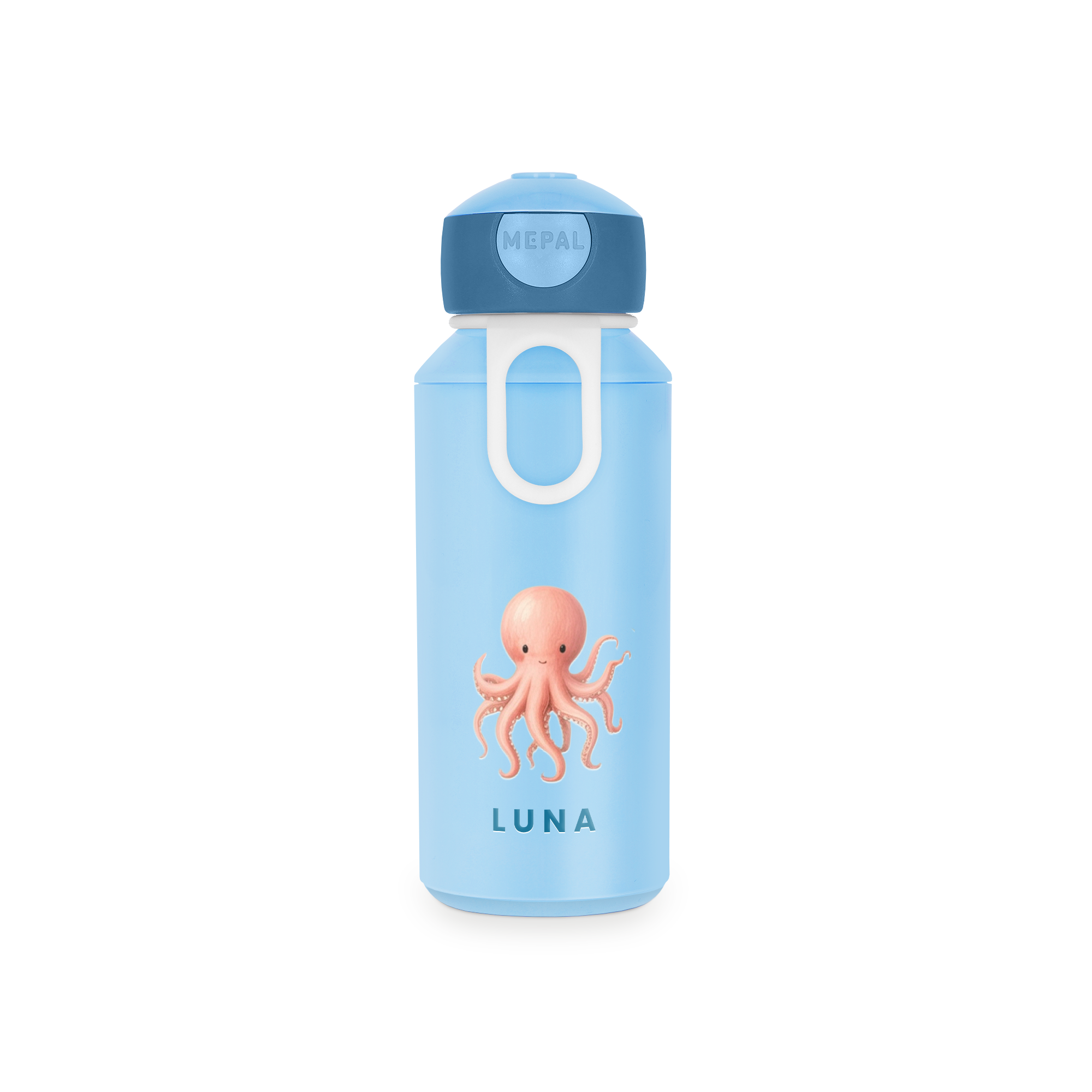 Helleblaue personalisierte Trinkflasche mit rosa Oktopus-Aufdruck und dem Namen LUNA, Ihr Name auf der Flasche die sie überallhin begleitet