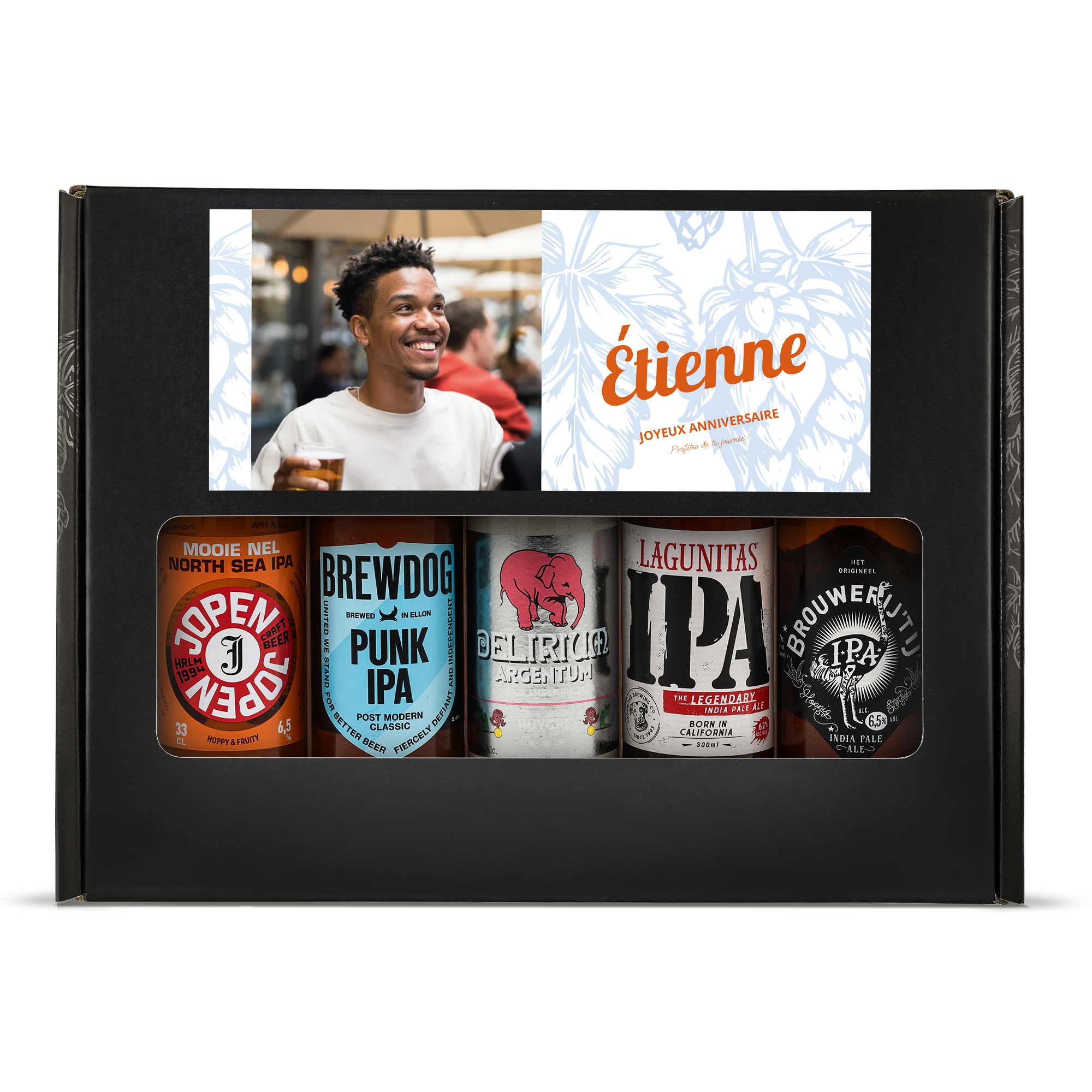 Coffret cadeau de bière personnalisé - Microbrasserie avec photo et prénom Étienne imprimés