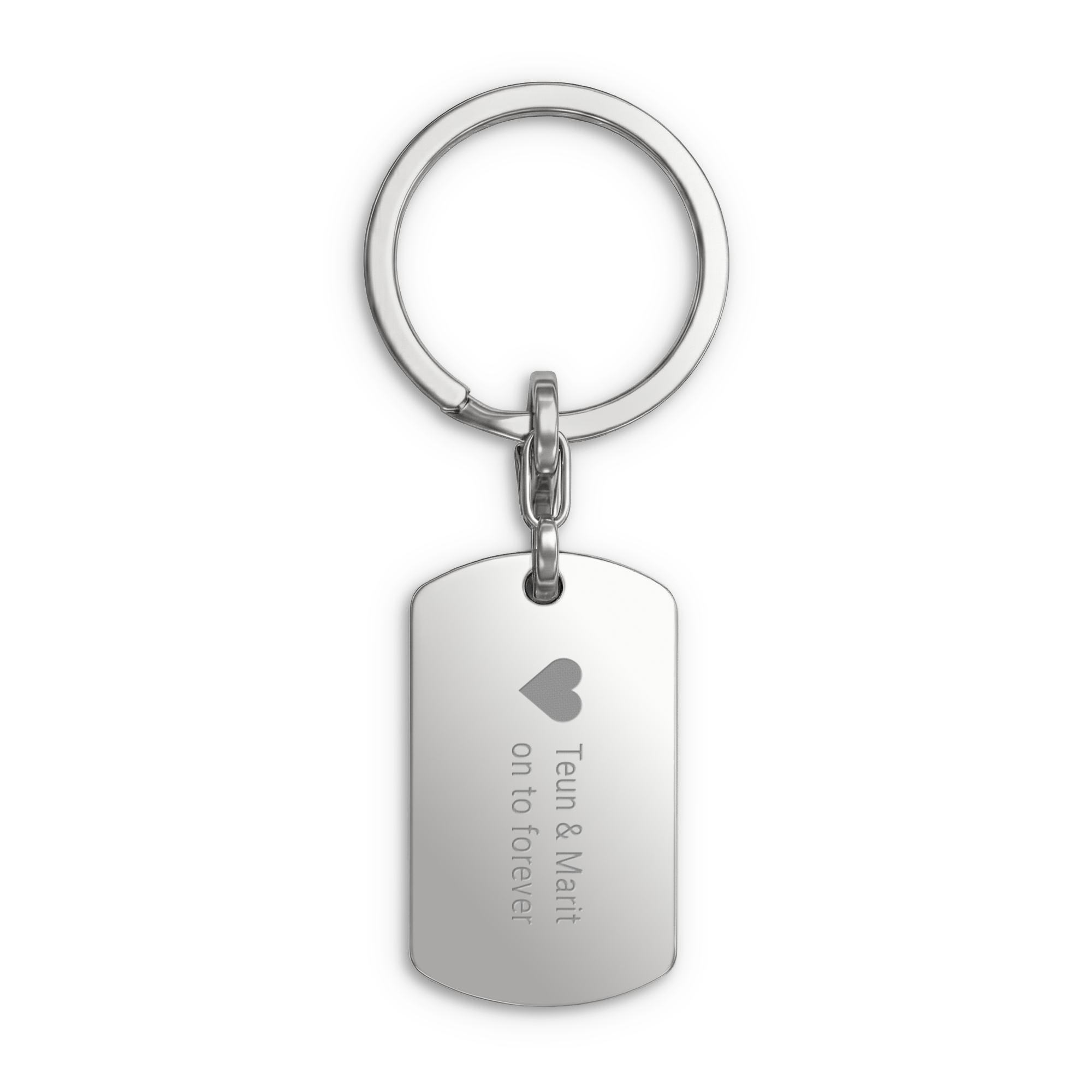 Zilverkleurige Sleutelhanger graveren - Dog tag - Zilver met namen Teun & Marit en een hartje erop gegraveerd, aanpasbaar met eigen tekst.