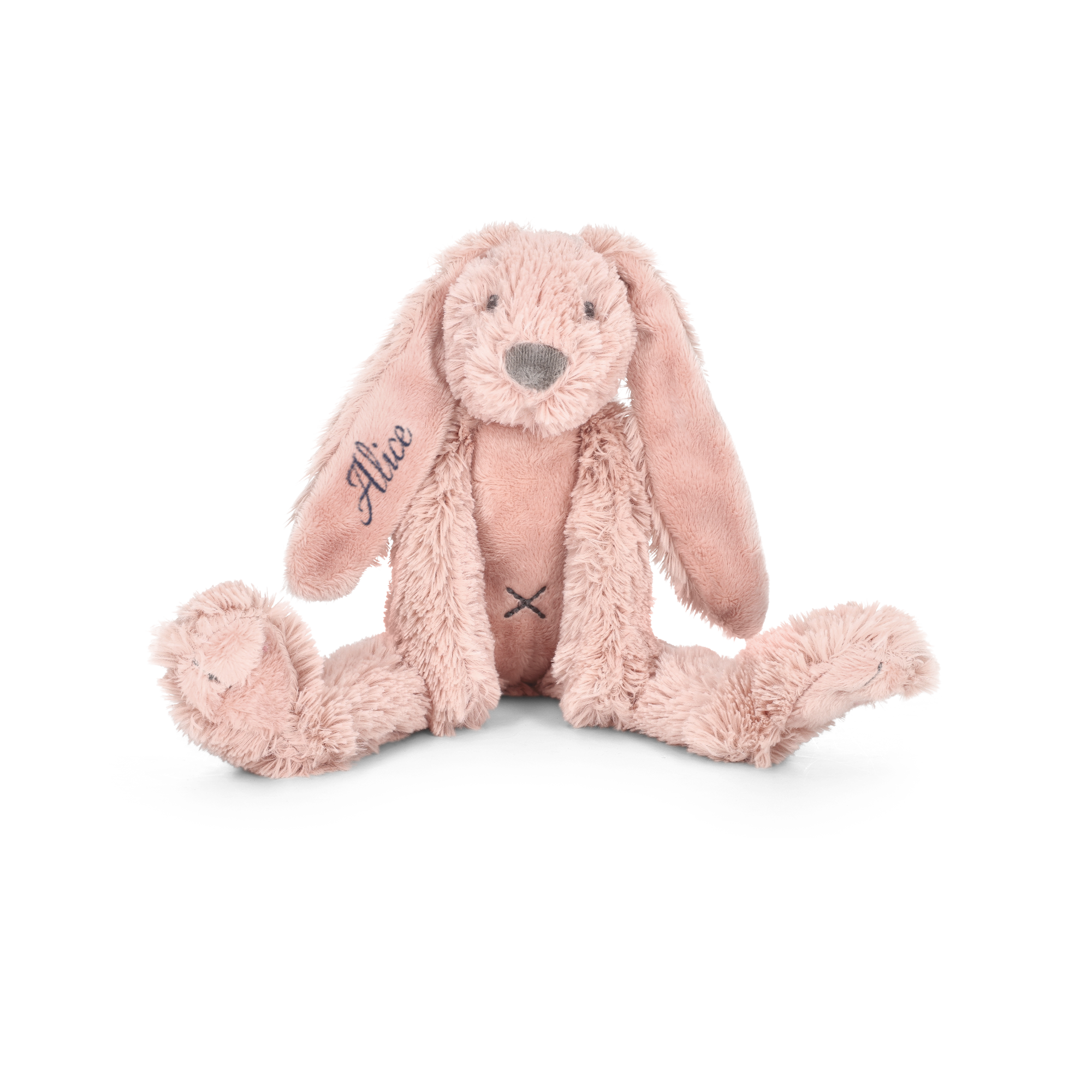 Peluche personalizado Tiny Rabbit Richie rosa, con el nombre "Alice" bordado en la oreja izquierda.