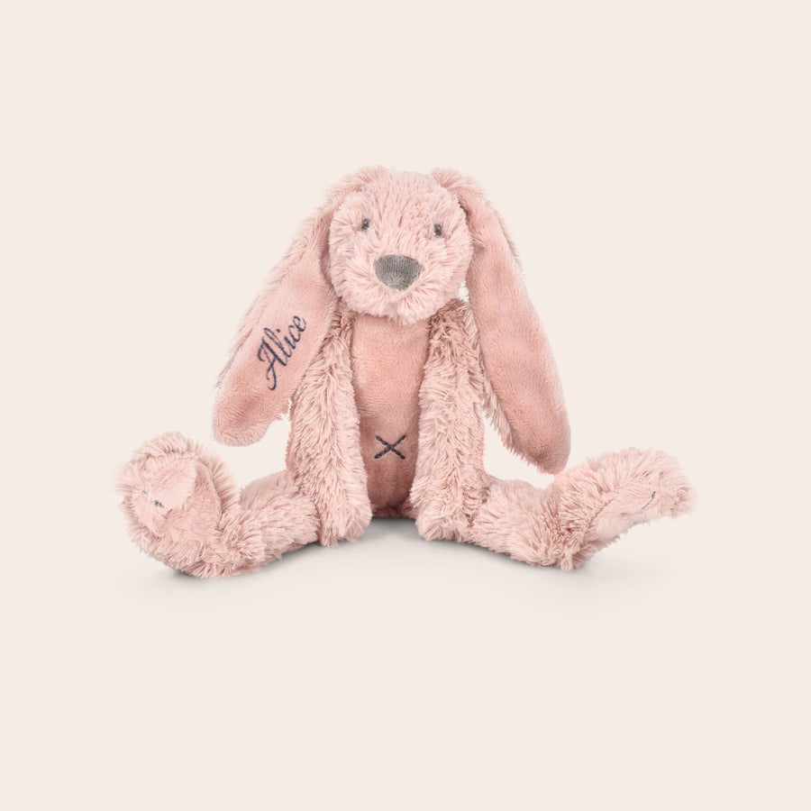 Dou Dou - Happy Horse Peluche personalizado Tiny Rabbit Richie rosa, con el nombre "Alice" bordado en la oreja izquierda.