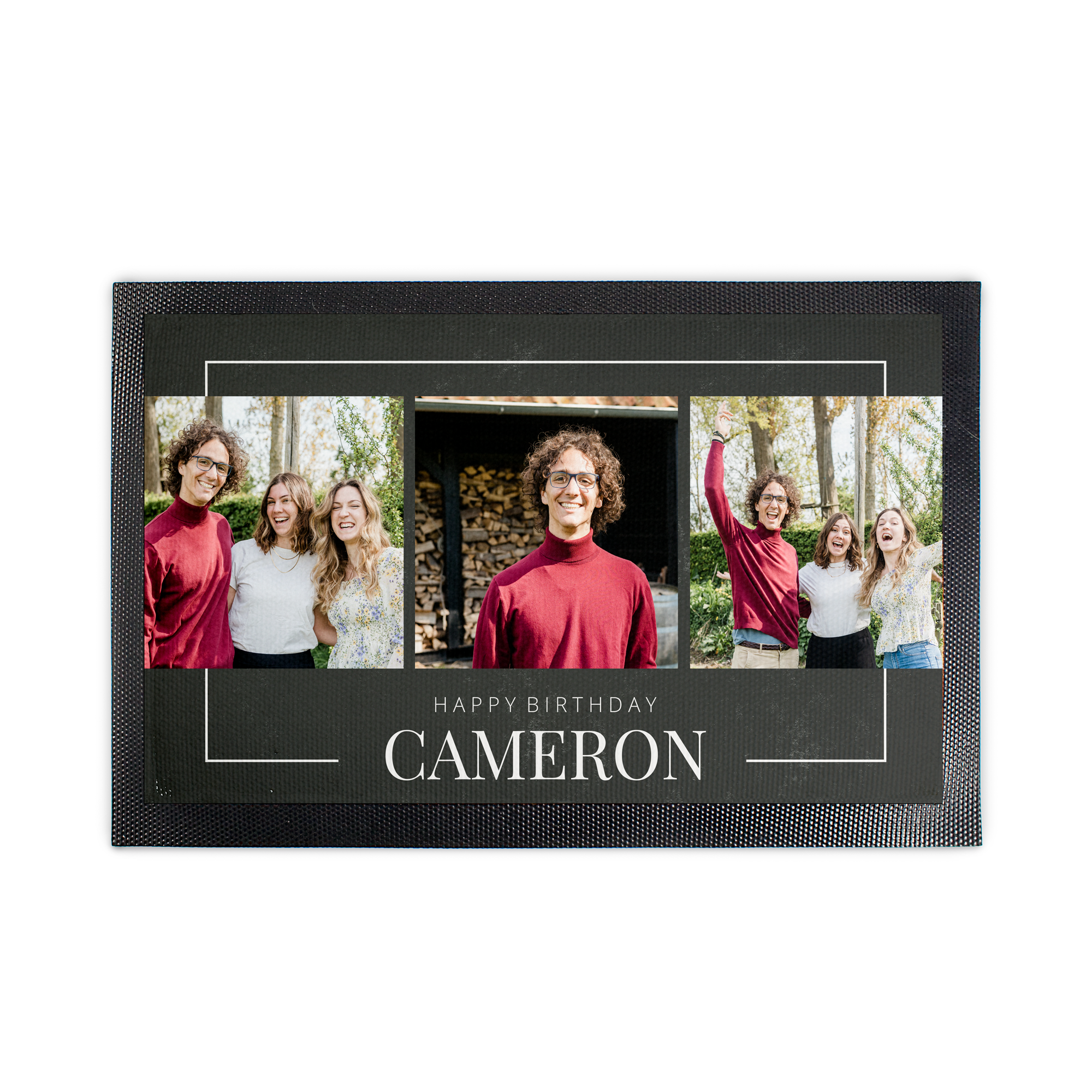 Anti-slip rubber bar mat printed with three custom photos and Happy Birthday Cameron text