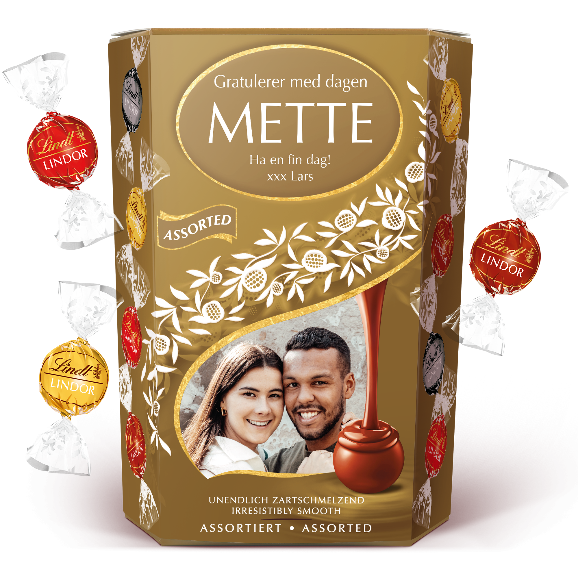 Personlig Lindt gaveeske med sjokolade, Gratulerer med dagen Mette-trykk, foto og navn.