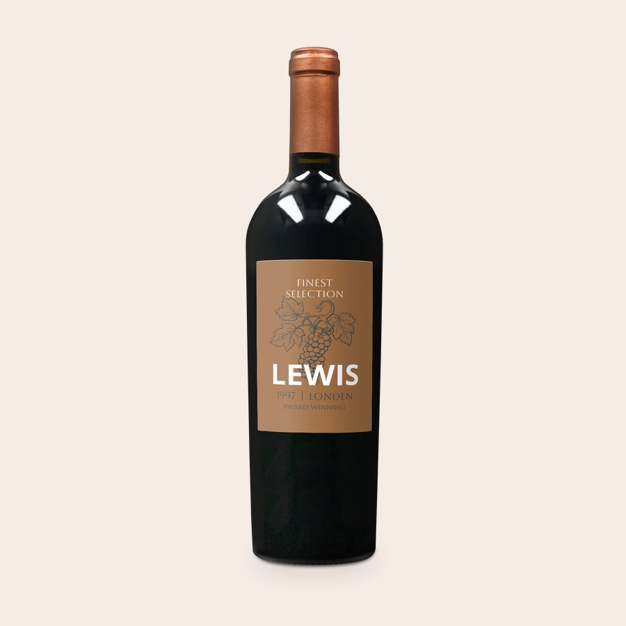 Personalised wine gift - Salentein - Primus Malbec Salentein Primus Malbec wine bottle with a personalized brown label, "Lewis" text, and a grape cluster graphic