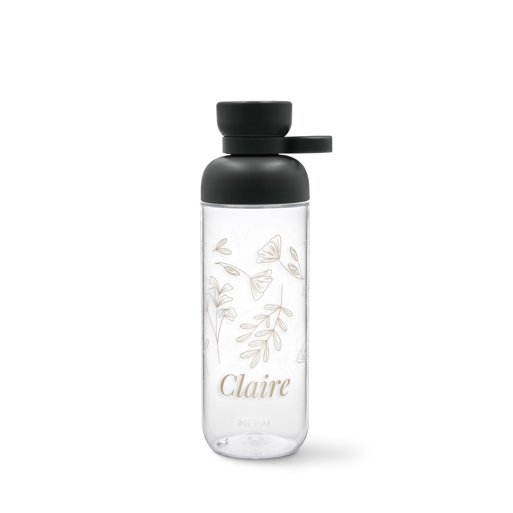 Bouteille d'eau Mepal transparente avec bouchon noir, motif floral et le nom Claire imprimé.