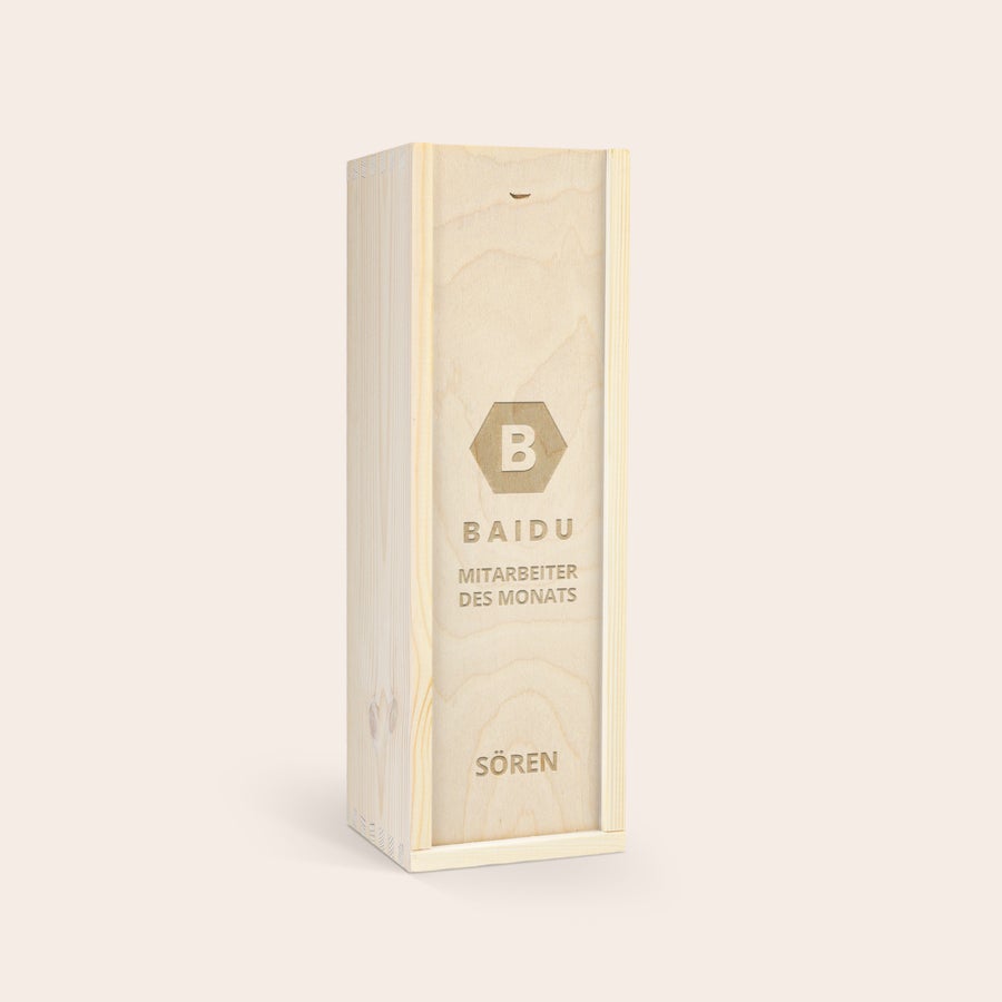 Weinkiste mit Gravur - Ramon Bilbao Gran Reserva  Eine Flasche Ramon Bilbao Gran Reserva in personalisierter Weinkiste mit Lasergravur "BAIDU MITARBEITER DES MONATS SÖREN"