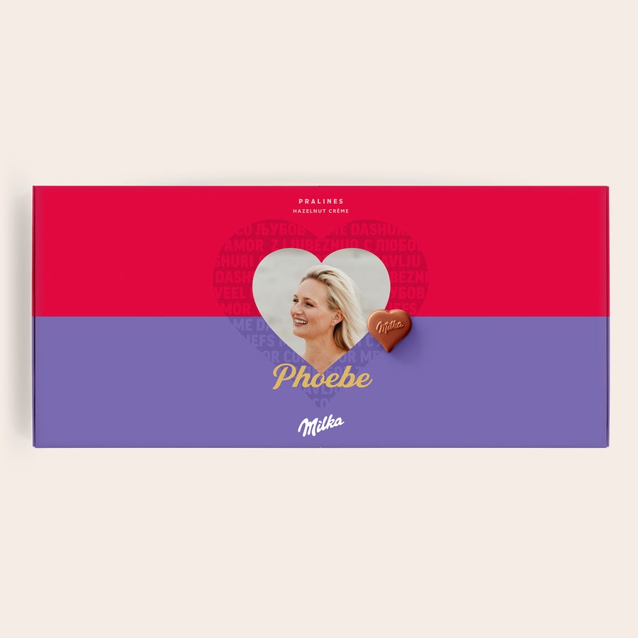 Personalised Milka Chocolate Gift Box - Love Personalised Say it with Milka chocolate gift box with a printed photo of a woman and the name Phoebe