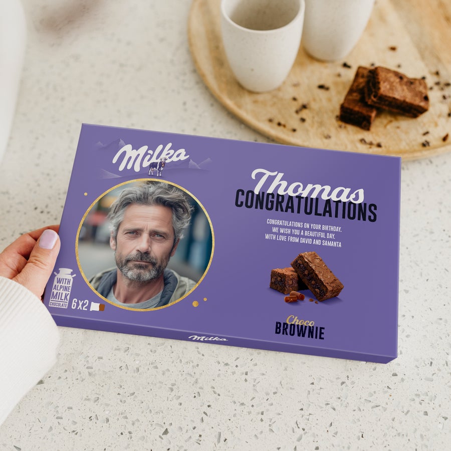 Milka Brownies Confezione regalo personalizzata Milka Choco Brownie con foto, nome Thomas e messaggio stampati