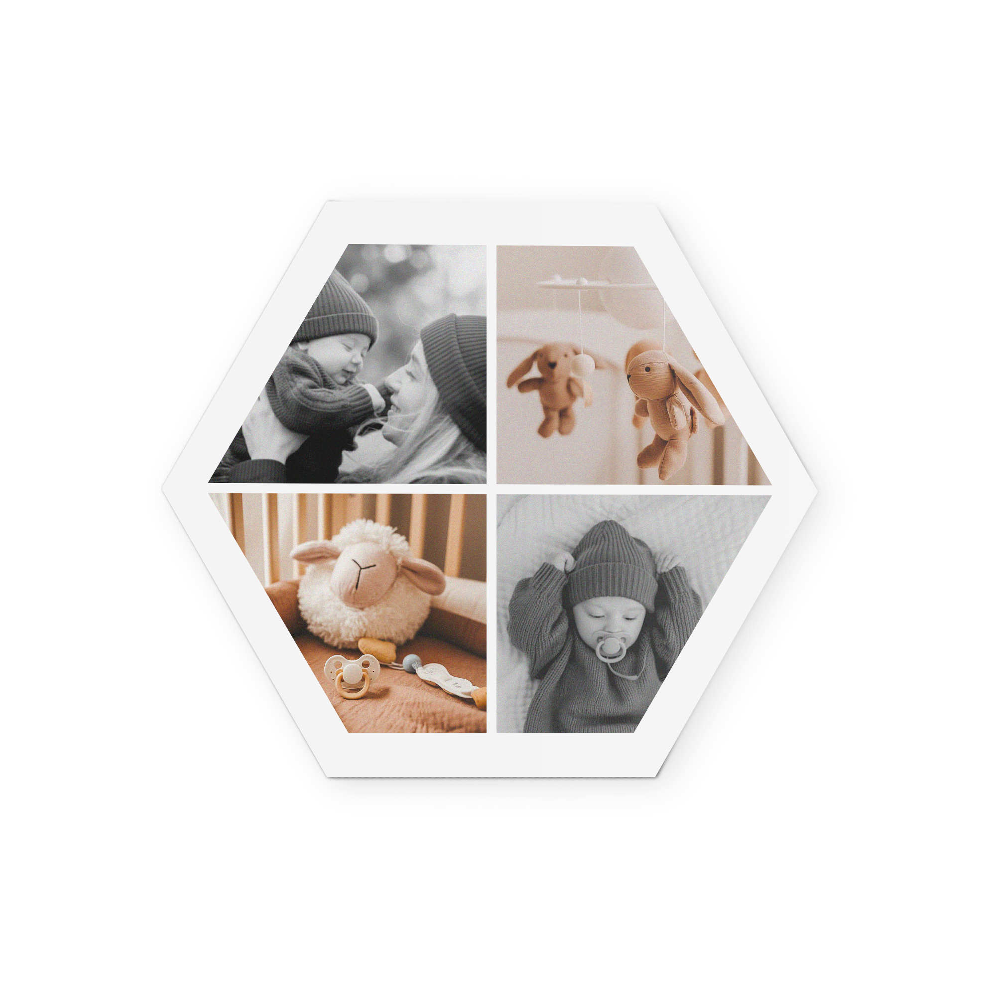 Pannello da parete esagonale nero personalizzato con quattro foto di bambini Decora la tua parete con un pannello in legno con il tuo disegno