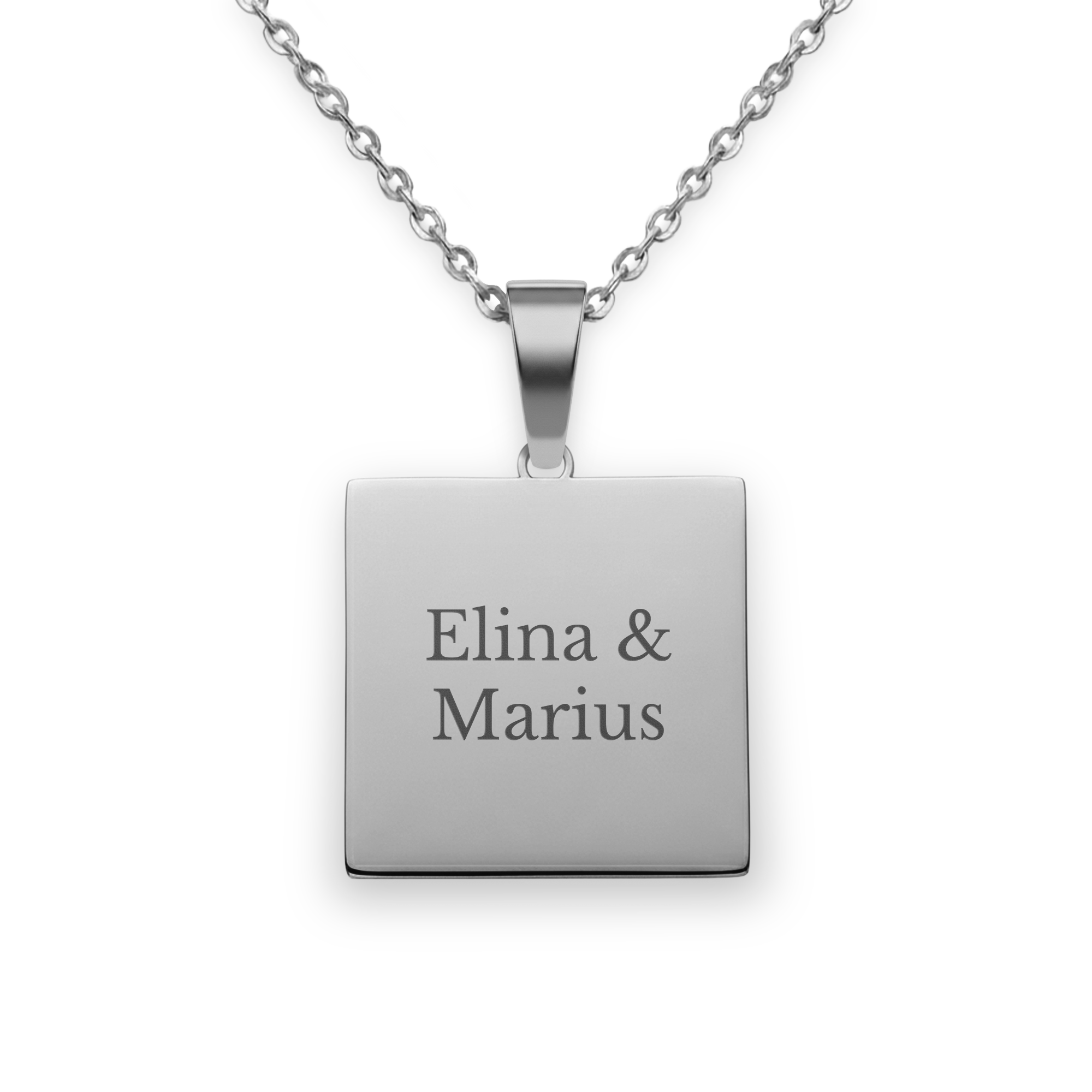 Halsband fyrkantigt hänge med text - Silver, graverat med namnen Elina & Marius för personlig present