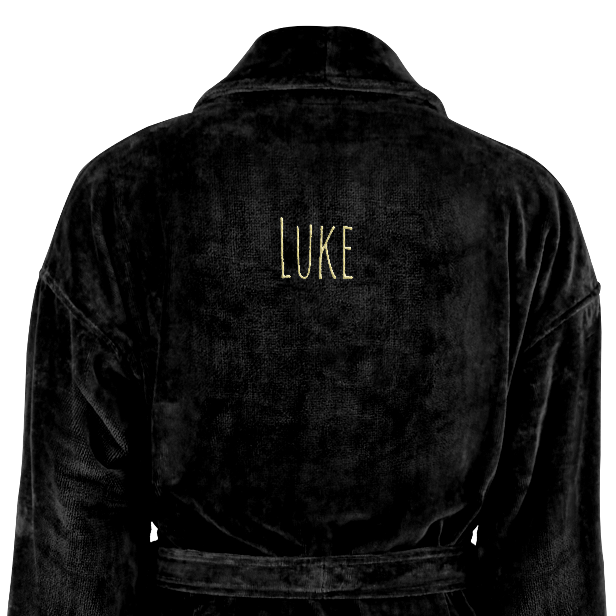 Black luxurious personalised bathrobe with the name Luke embroidered in gold thread on the back
