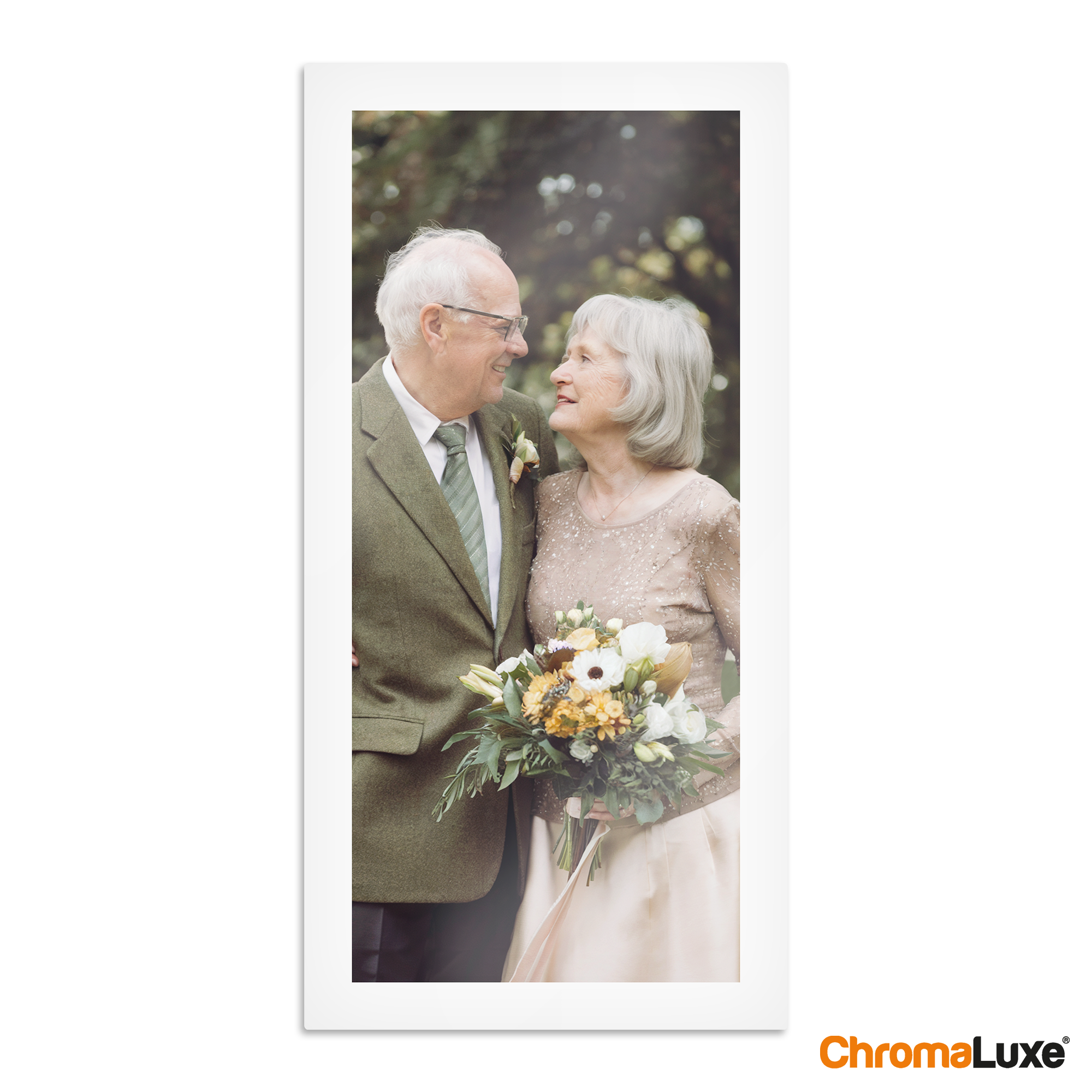 Vertical Chromaluxe aluminium photo print of an elderly couple smiling, personalized with a cherished memory