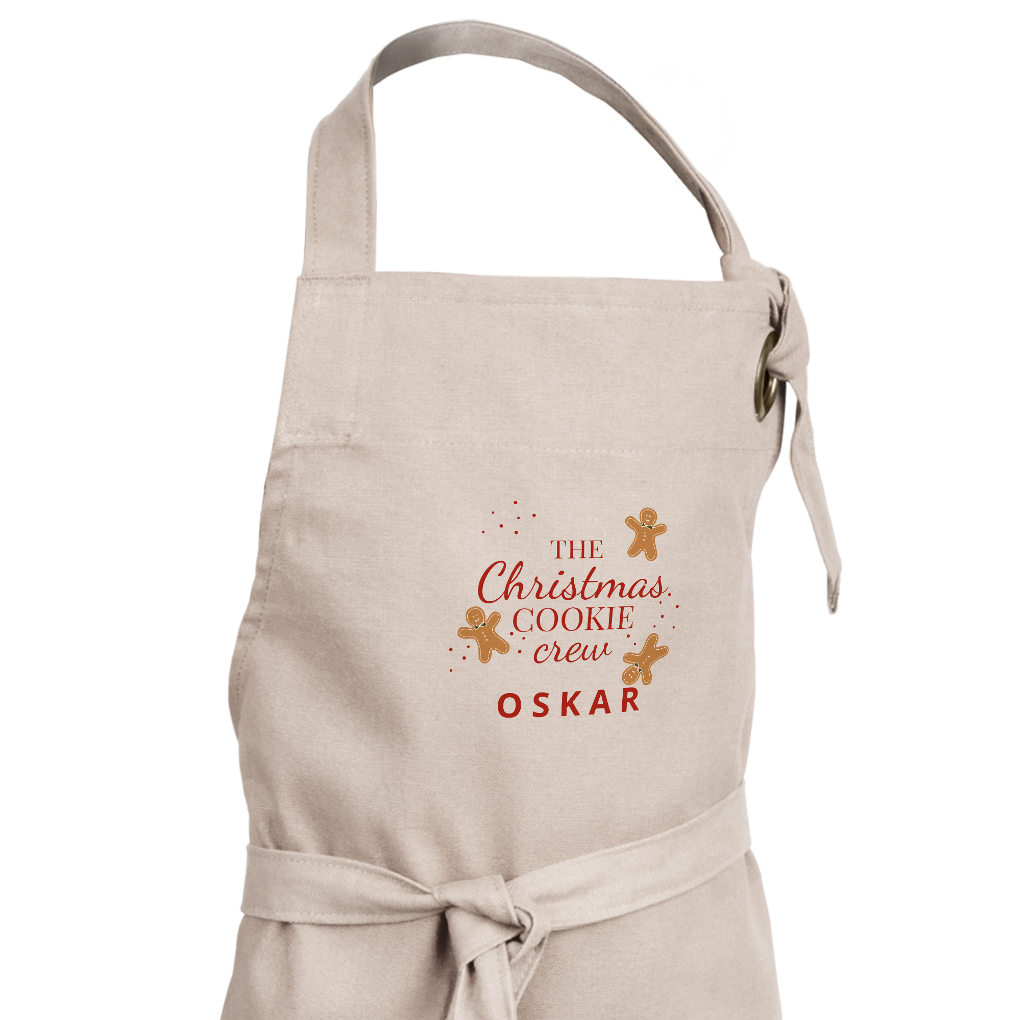 Beige Kinderschürze mit Weihnachtsmotiv und dem Namen Oskar bedruckt
