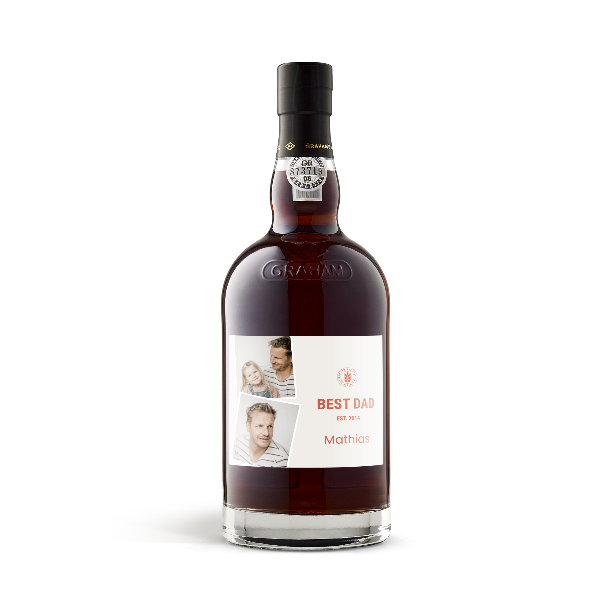 Grahams den tawny reserve med fotolabel med billeder og teksten Best Dad Mathias