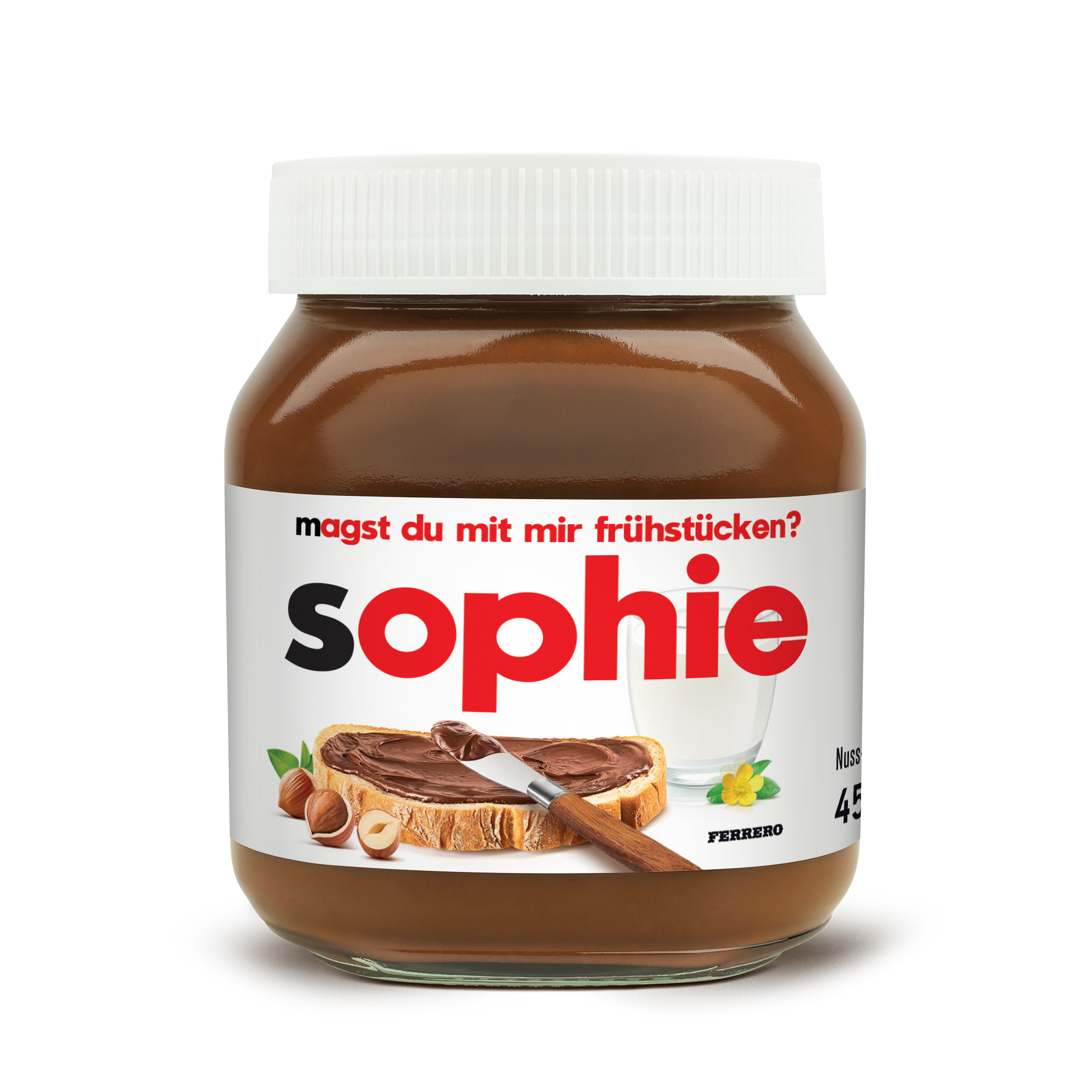 Personalisiertes nutella® Glas mit weißem Deckel, bedruckt mit dem Namen Sophie und dem Text magst du mit mir frühstücken?