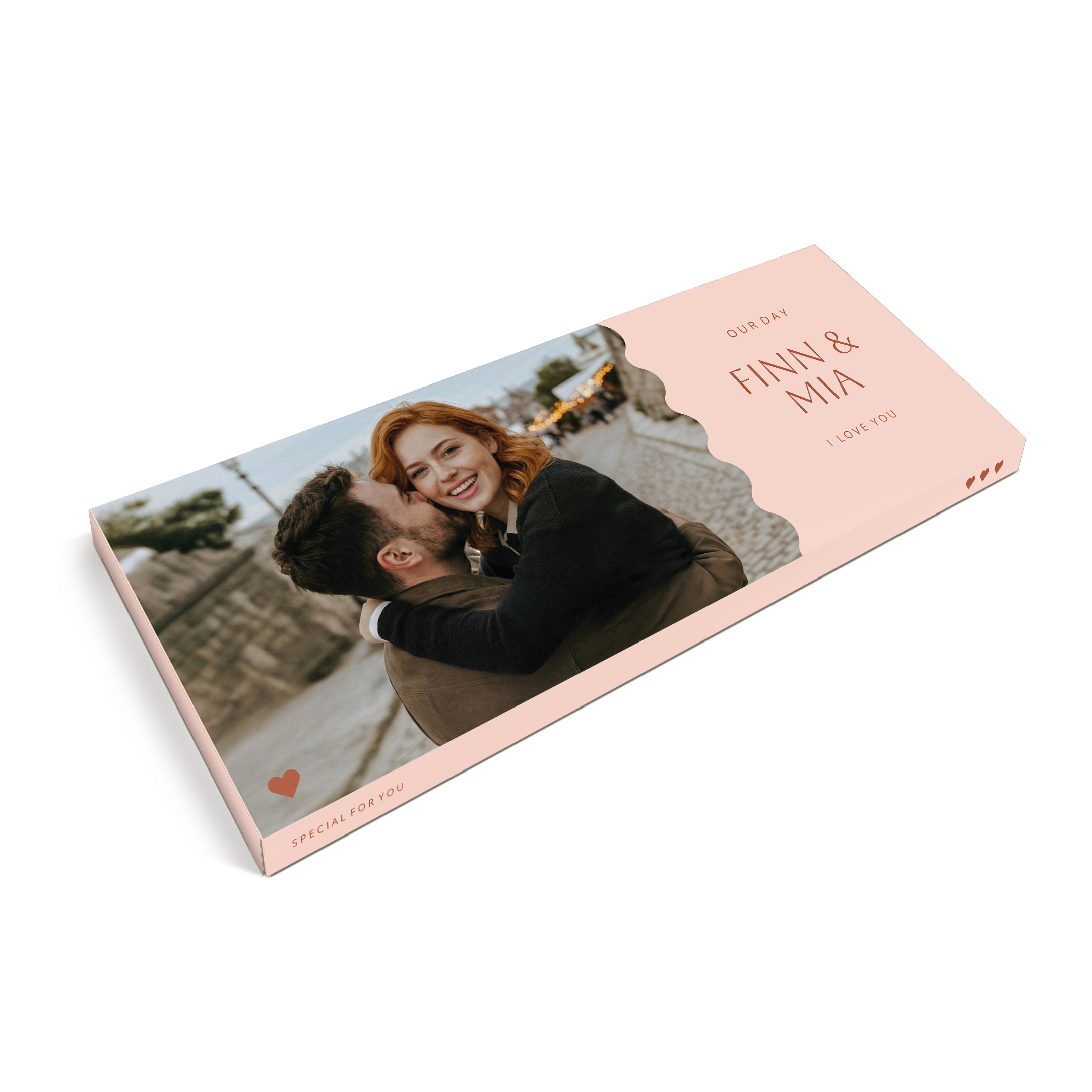 Personalised Mega chocolate bar - Ritter Sport - 8 bars, custom printed with a photo of a couple, "OUR DAY," "FINN & MIA," and "I LOVE YOU" on the packaging.