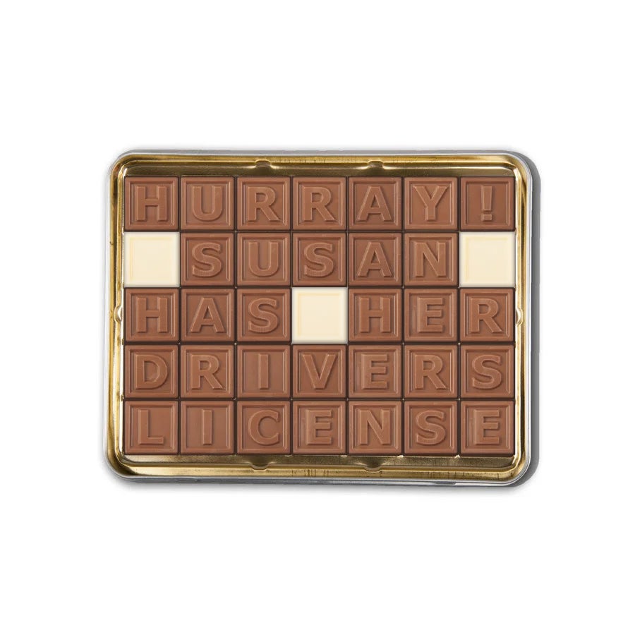 Personalised Chocolate telegram in tin - 35 characters