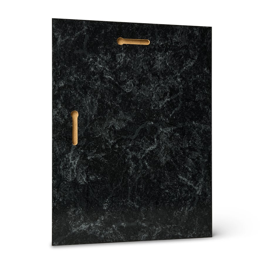 Certificate Back of a black marble-effect commemorative certificate with cut-outs for displaying a photo and text