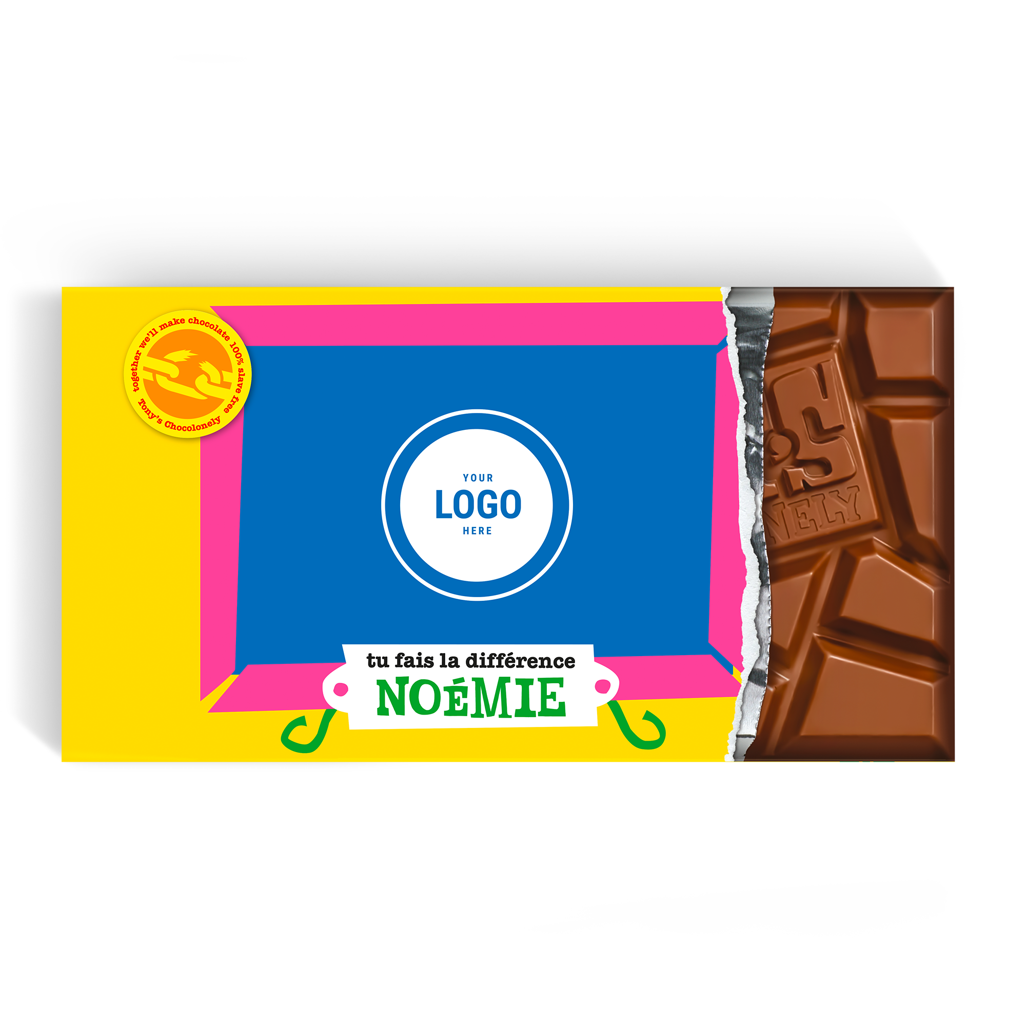 Barre chocolatée Tony's Chocolonely personnalisée avec un logo et le prénom Noémie imprimés