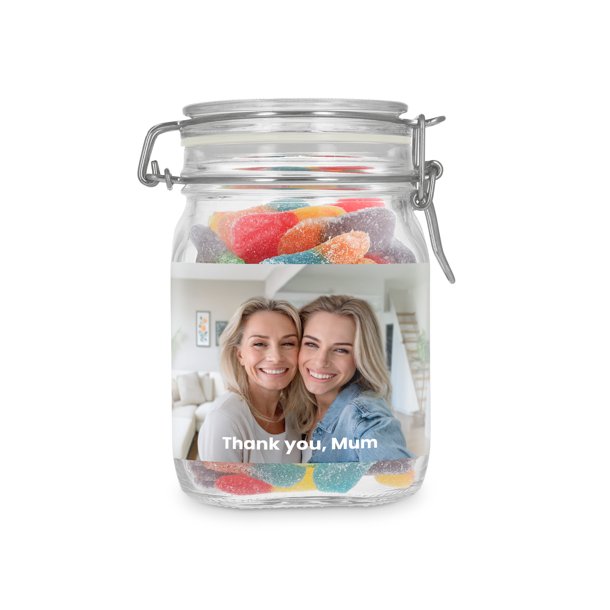 Borcan dulci personalizat cu bastoane acrisoare, imprimat cu o fotografie cu doua femei zambitoare si mesajul Thank you, Mum