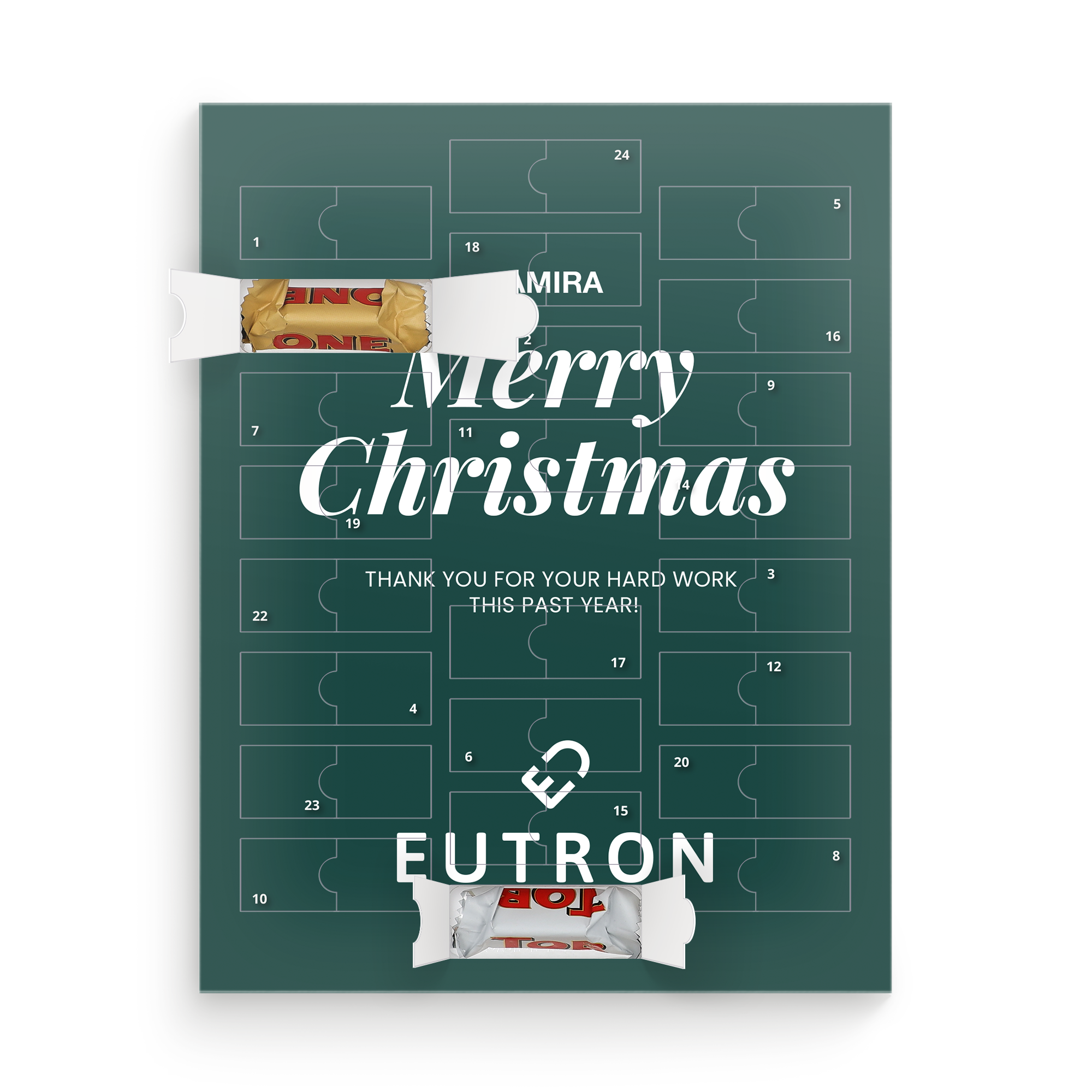 Green personalised advent calendar printed with "Merry Christmas," a logo, and text "Thank you for your hard work this past year," with two doors open revealing Toblerone chocolates.