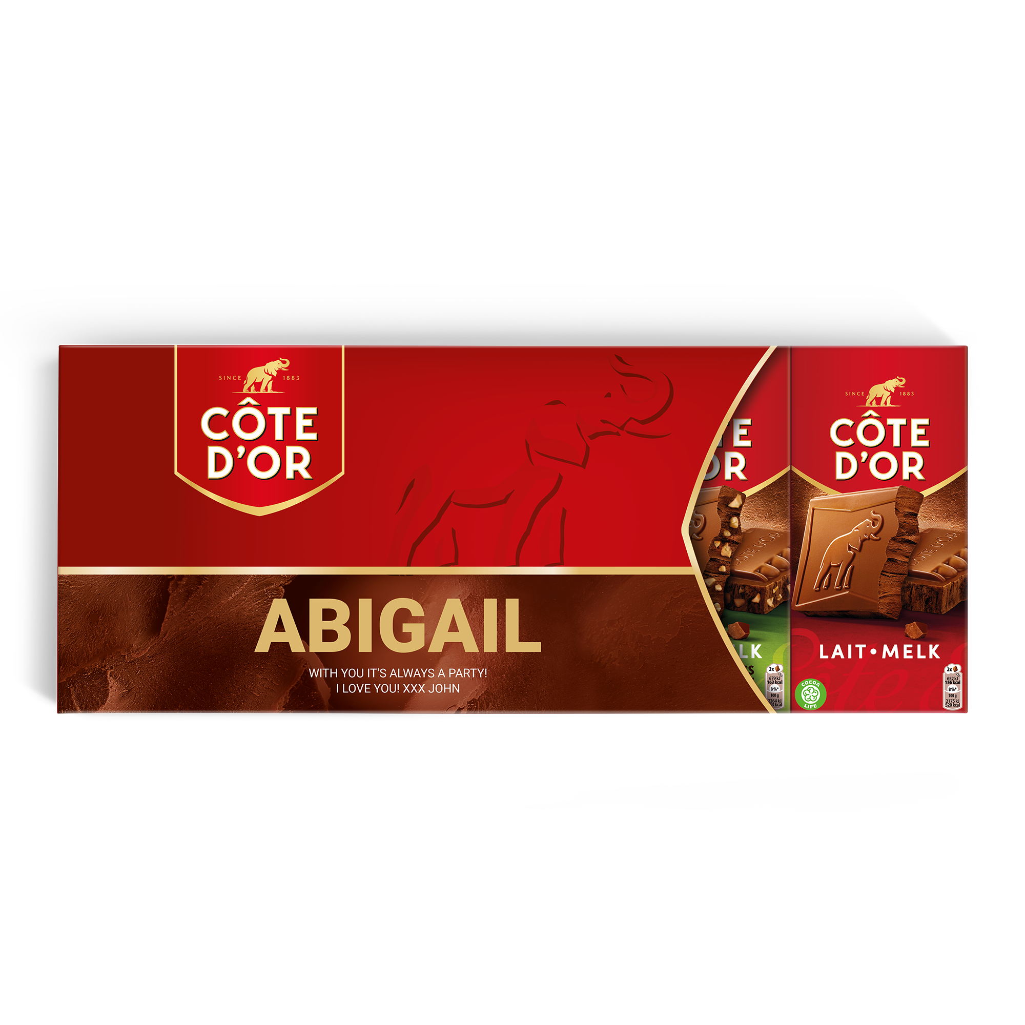 XXL čokoladna palica Côte d'Or s potiskanim imenom Abigail in sporočilom.