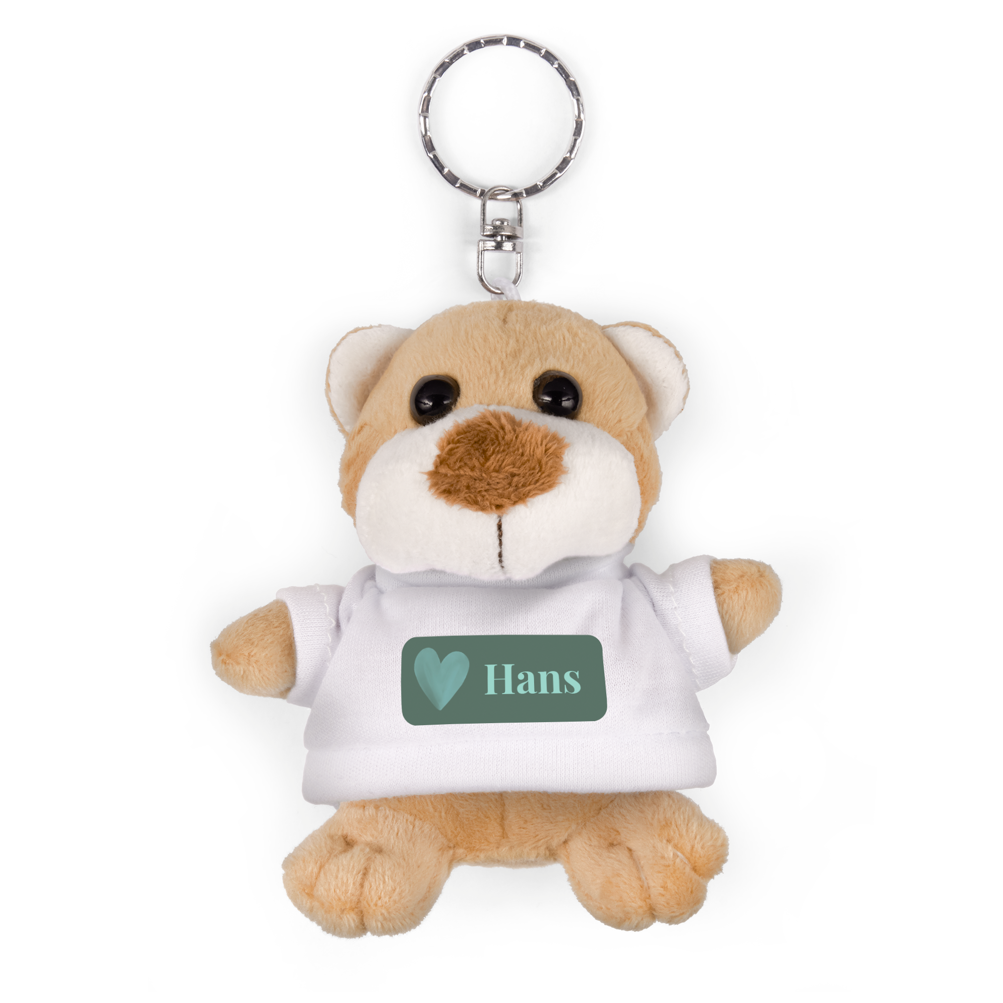 Schlüsselanhänger Teddy mit weißem T-Shirt, bedruckt mit einem grünen Feld und dem Namen Hans