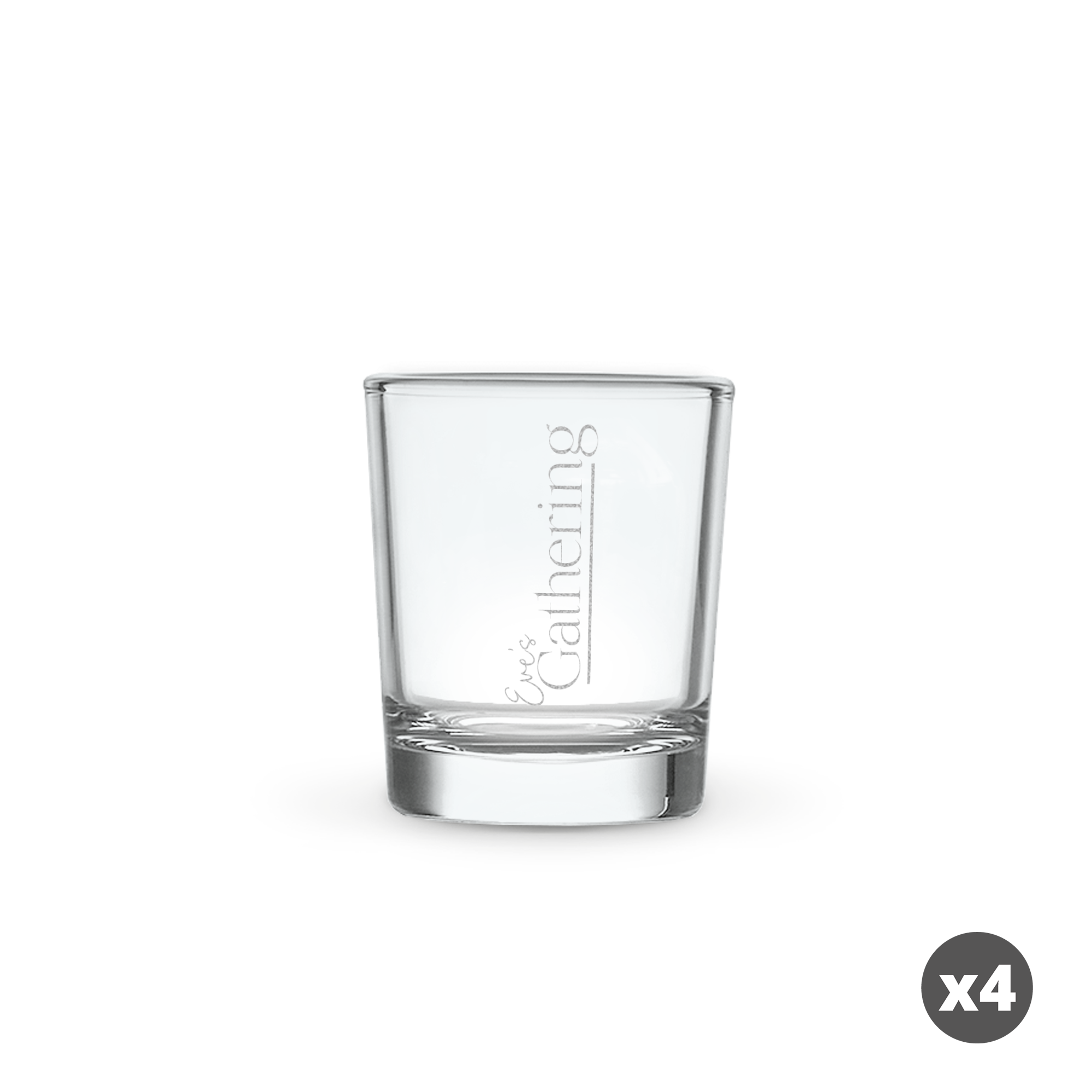 Personalised engraved shot glass with the text Eves Gathering customized on its side